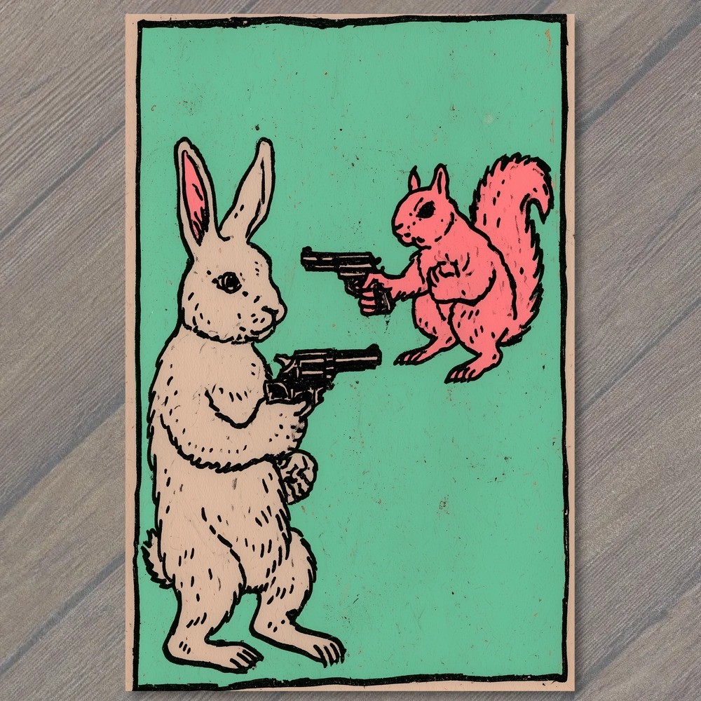 POSTCARD Rabbit Squirrel Duel Turquoise Background Weird Strange Fantasy Dark POSTCARD Rabbit Squirrel Duel Turquoise Background Weird Strange Fantasy Dark
