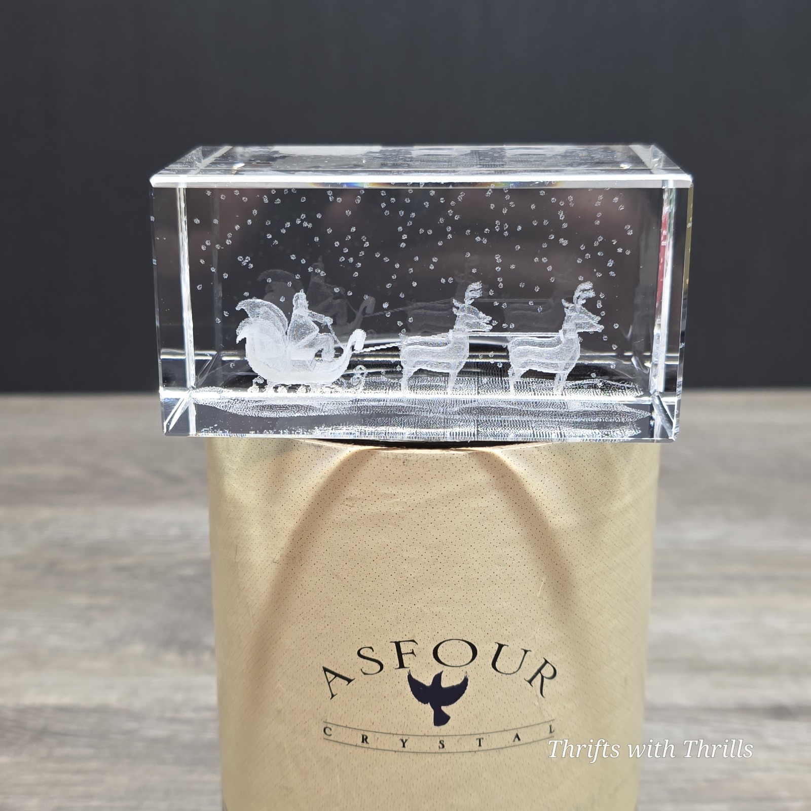 Vintage Asfour Crystal - Santa Sleigh And Reindeer - Diamond Crystal Block Art