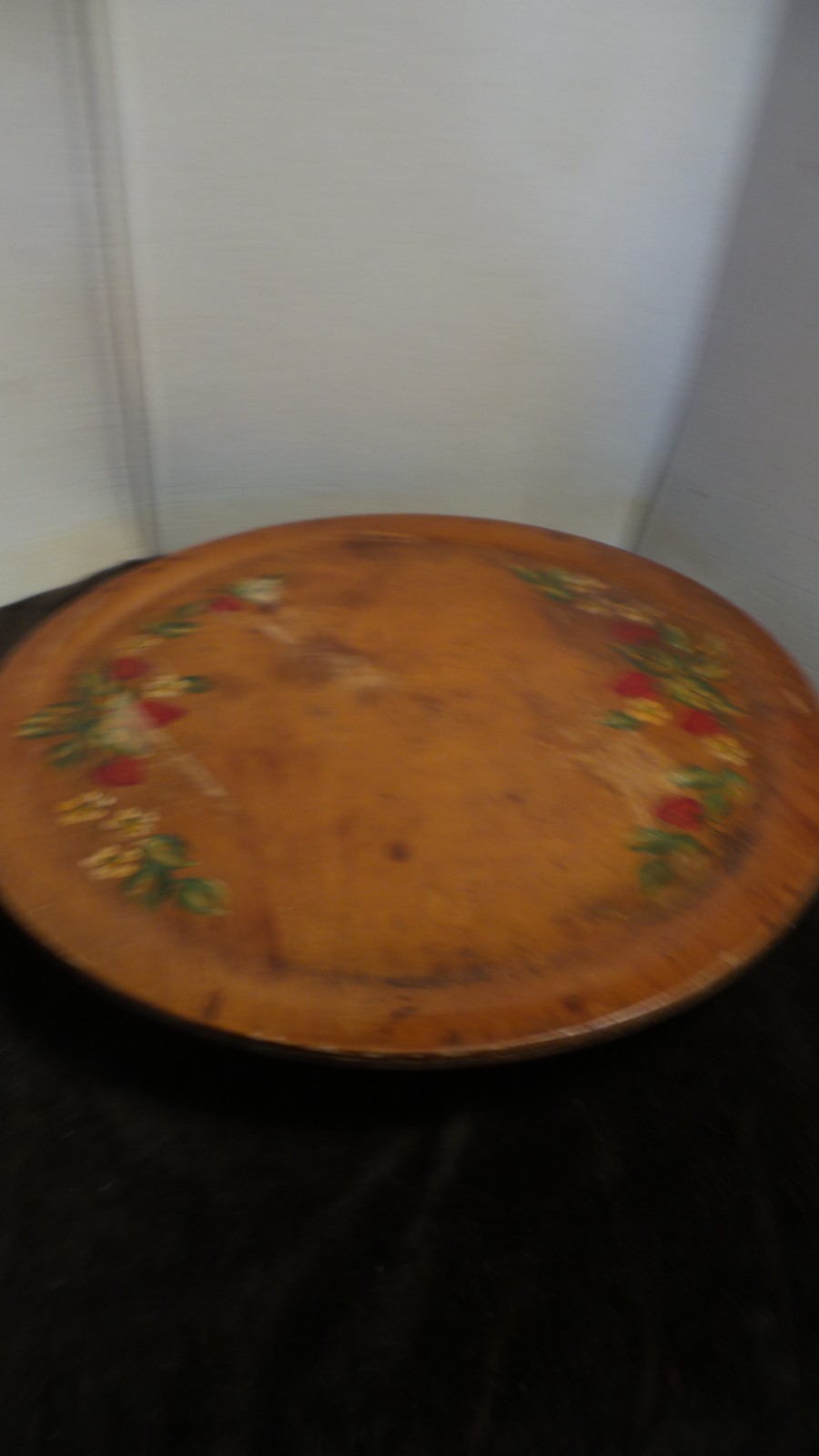 VTG Wooden Lazy Susan  Painted Strawberries & Leaf Design 16