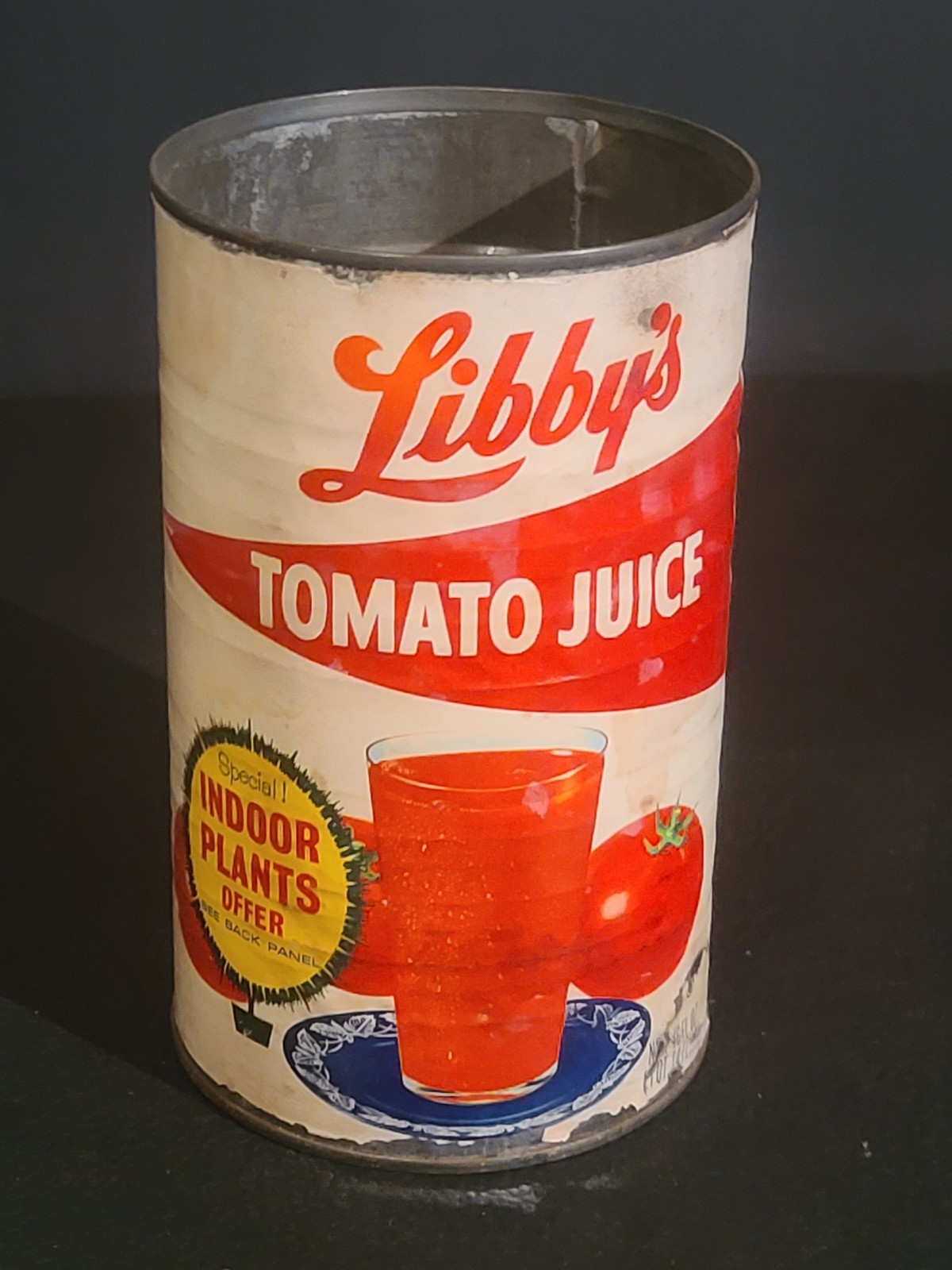 Vintage Libby’s Tomato Juice EMPTY Tin Can UNIQUE INDOOR PLANT OFFER PAPER LABEL