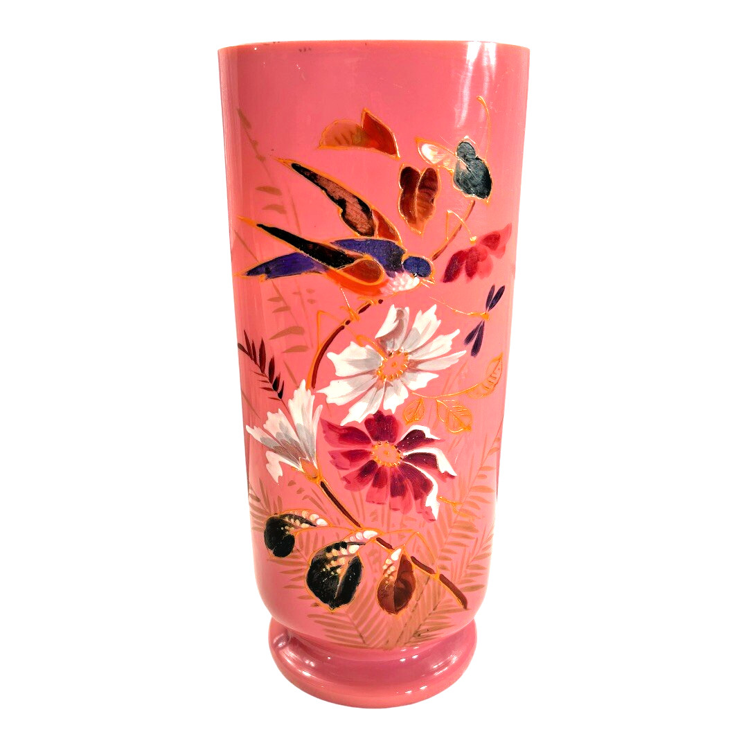 Antique French Painted Floral Opaline Pink Glass Vase