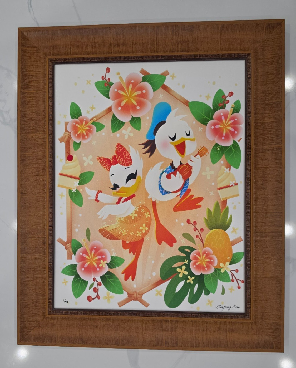 Disney Happy Ukulele Song June Kim Canvas Framed Donald Daisy Duck 1/95 22\ Disney Happy Ukulele Song June Kim Canvas Framed Donald Daisy Duck 1/95 22\