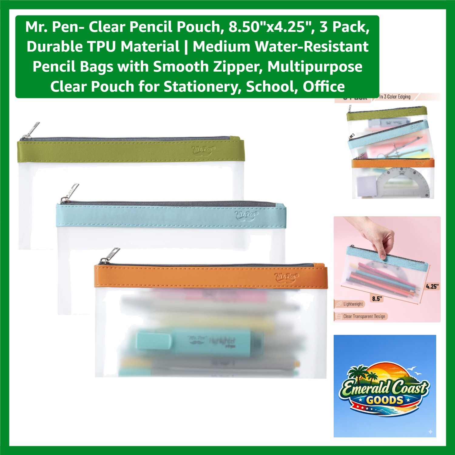 Elegant 3-Pack Clear Pencil Pouches - Durable TPU, Medium Size, Water-Resistant