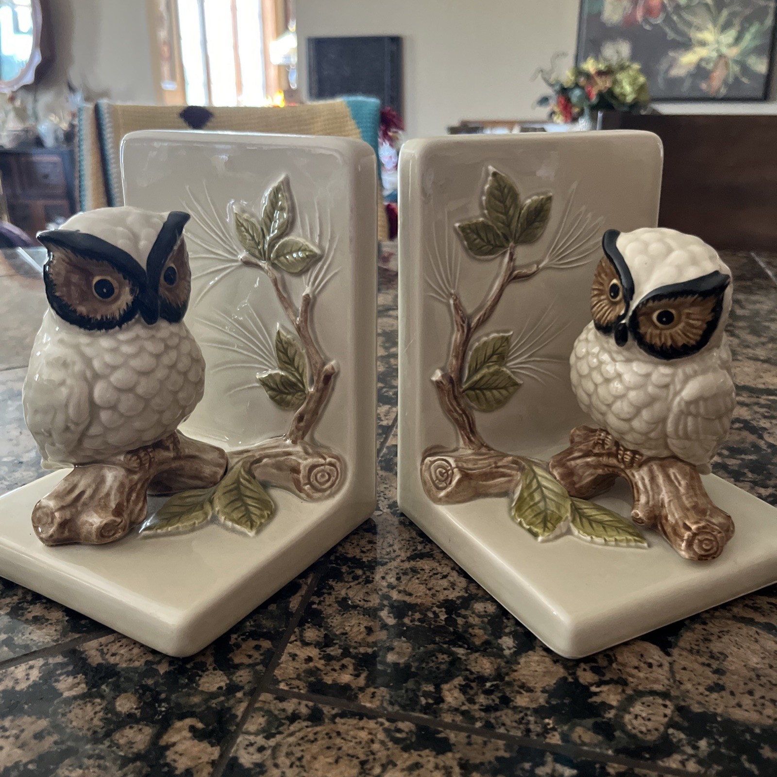 OMC Otagiri Vintage Ceramic Owl Bookends Pair MCM Retro Camp Style, Japan