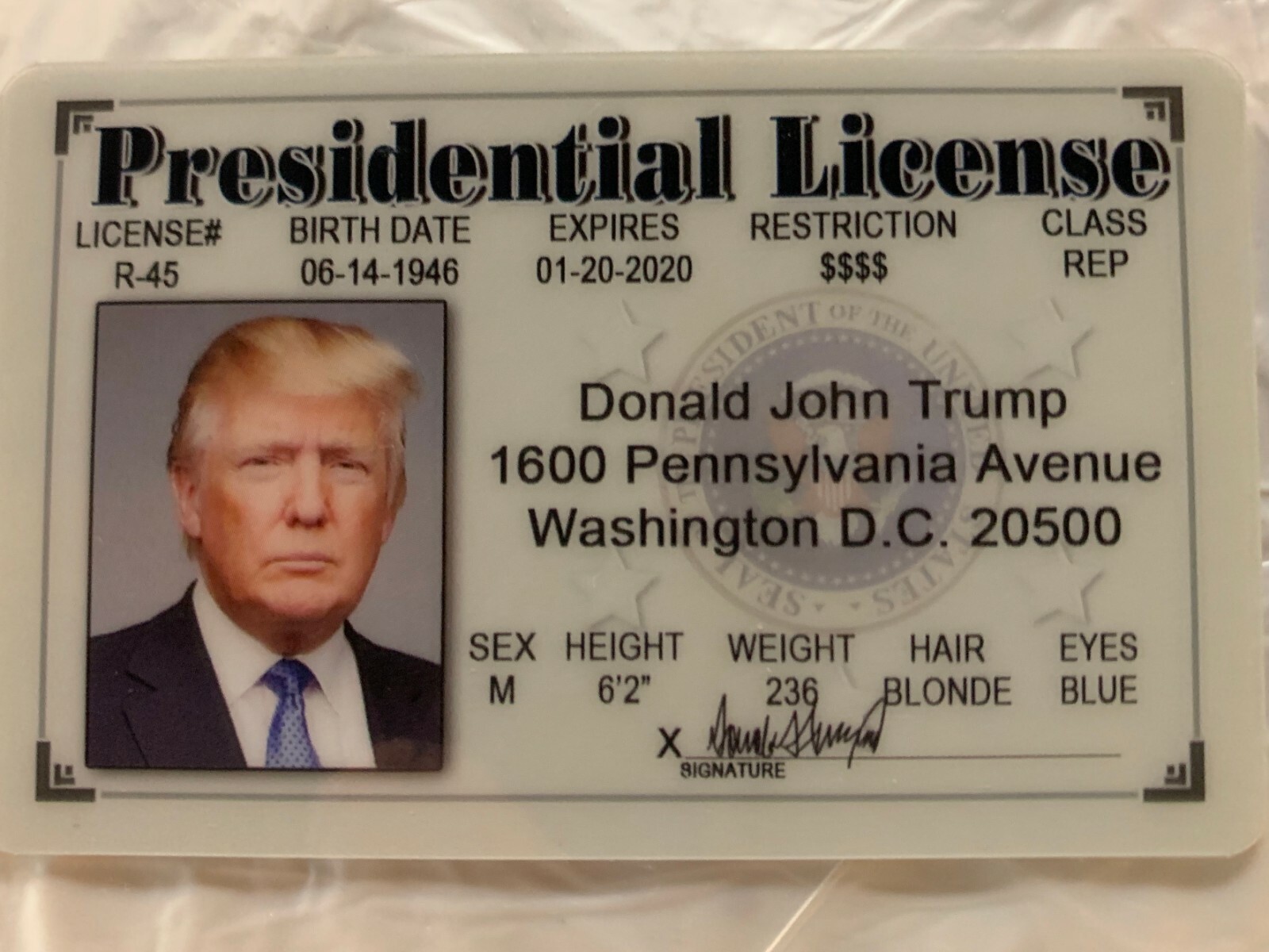 Donald Trump Presidential License Novelty ID Drivers MAGA President DC