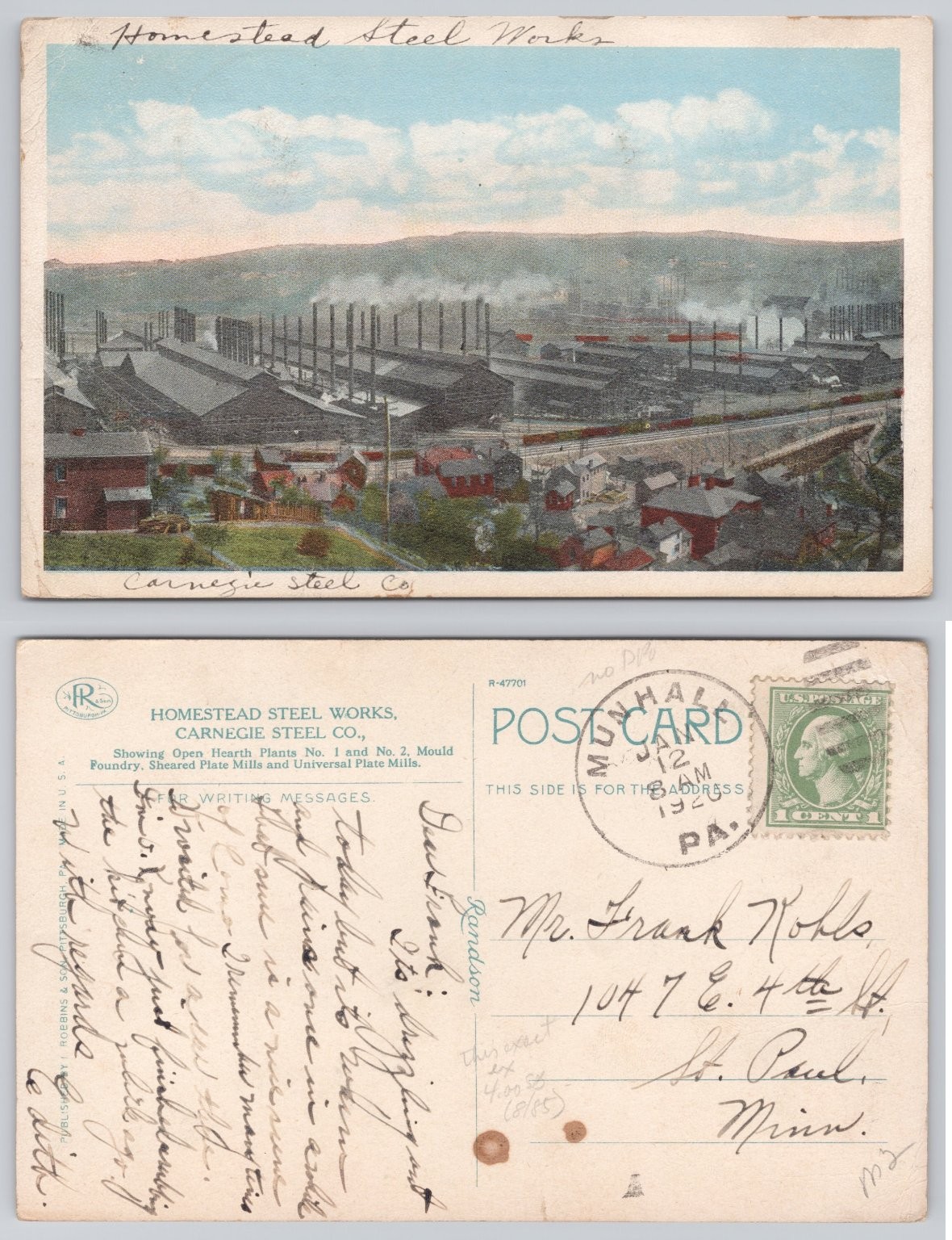 1920 Homestead Steel Works Carnegie Steel Co. Pittsburgh PA Postcard