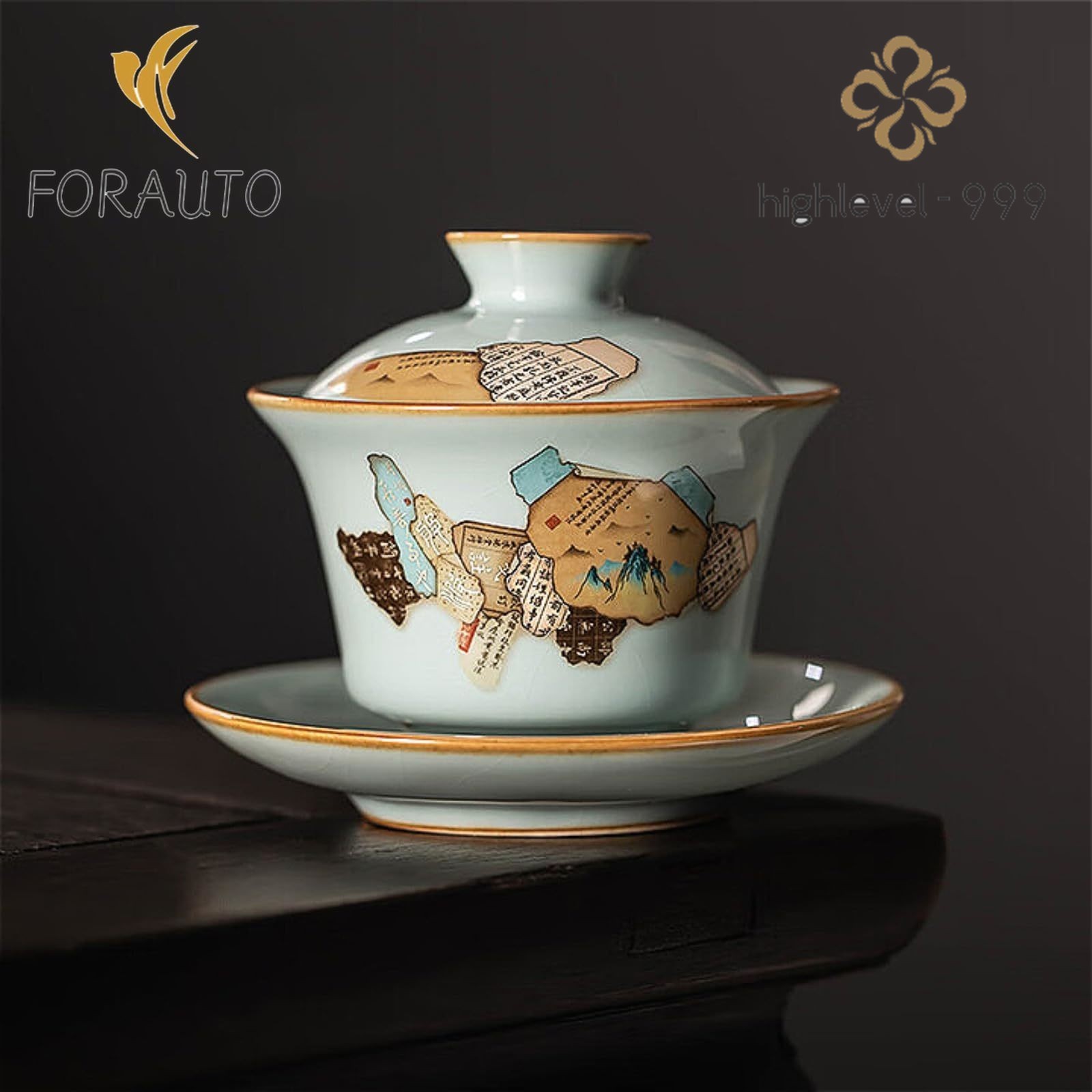 Ceramics Vintage Gaiwan Tea Cup 130ml 4.3oz Light Blue Kungfu Tea Set