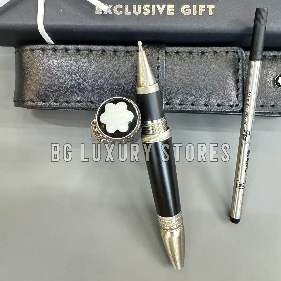 MONTBLANC Black Rollerball Pen Silver Tone Trim w/ Leather Pouch Refill & Box