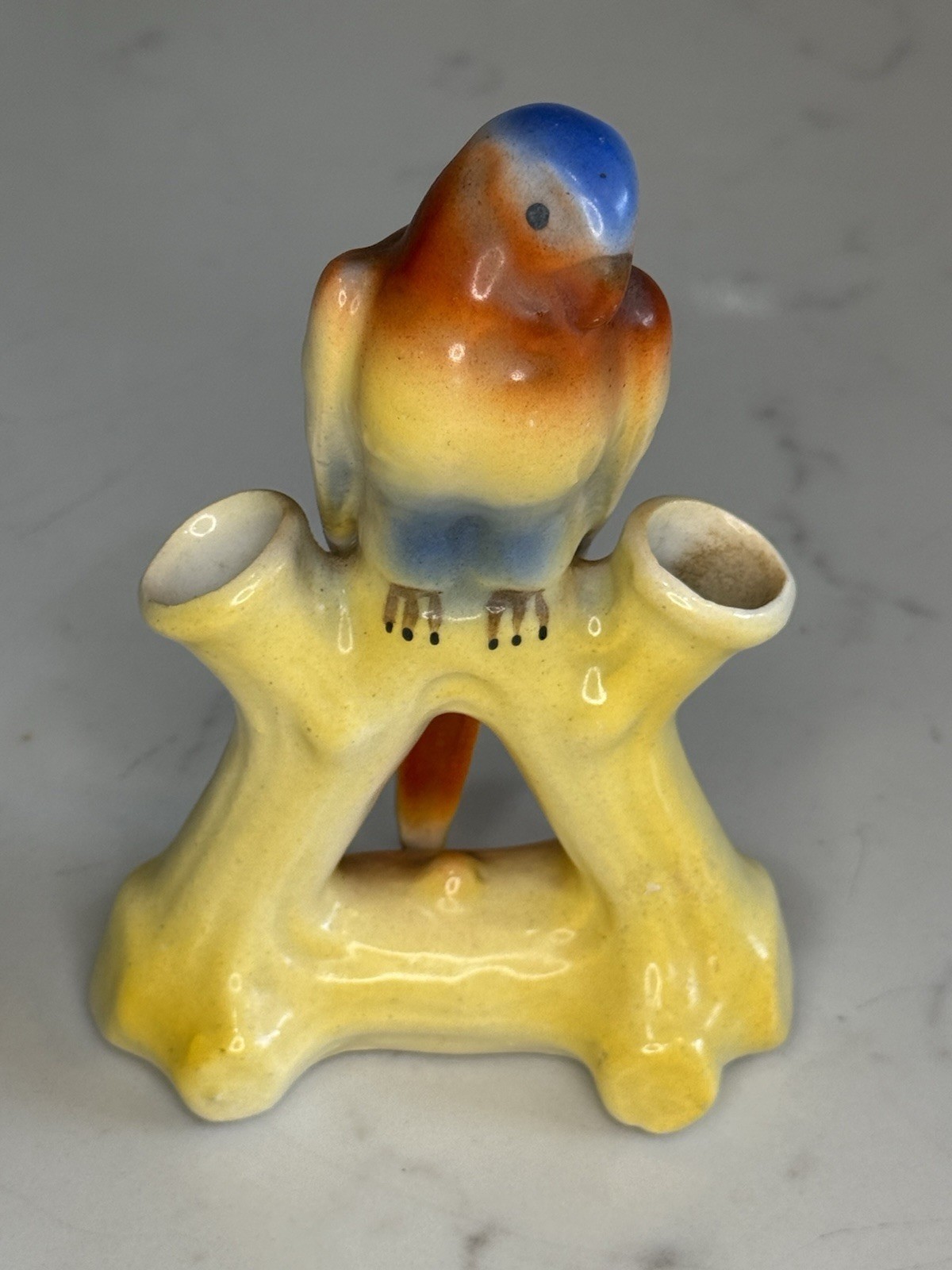 Vintage Czech Porcelain Bud Vase Figurine Double Bud-Vase Parrot Bird Tree Trunk