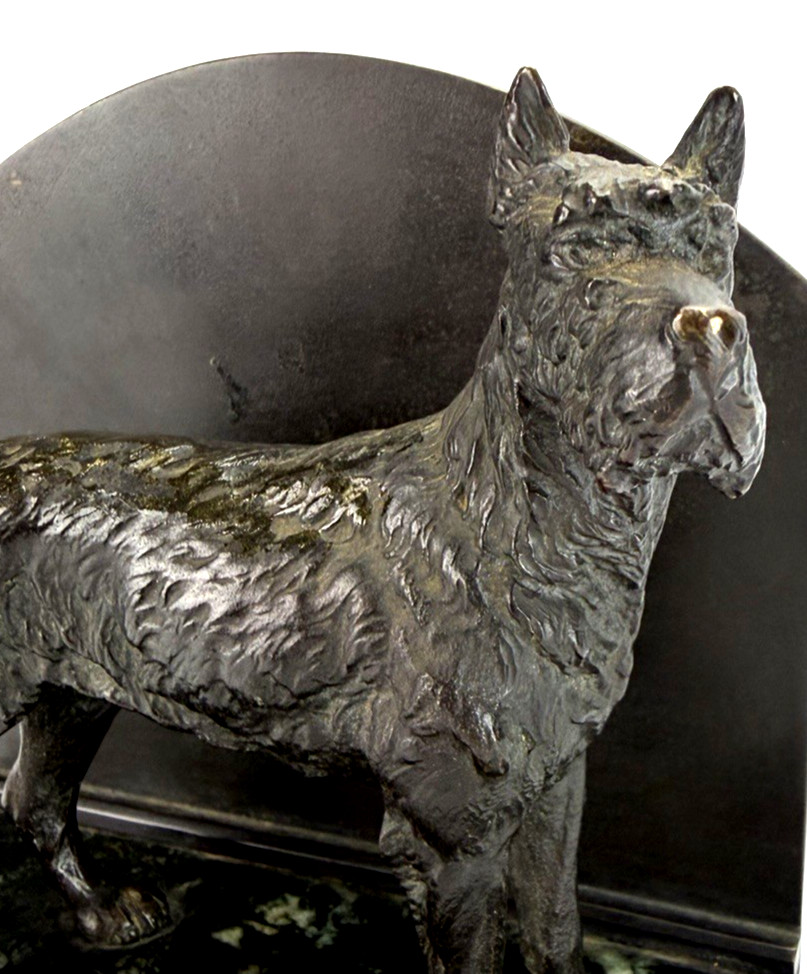 Vintage Schnauzer Scottie Terrier Dog Sculpture Bookend Bronze Tone Marble Base