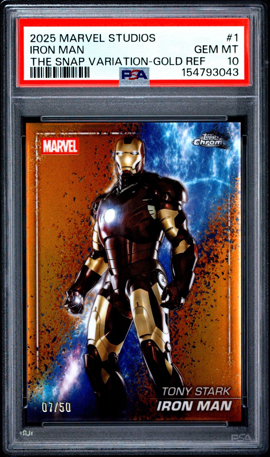 2025 Topps Chrome Marvel Studios #1 Iron Man Gold Refractor /50 PSA 10