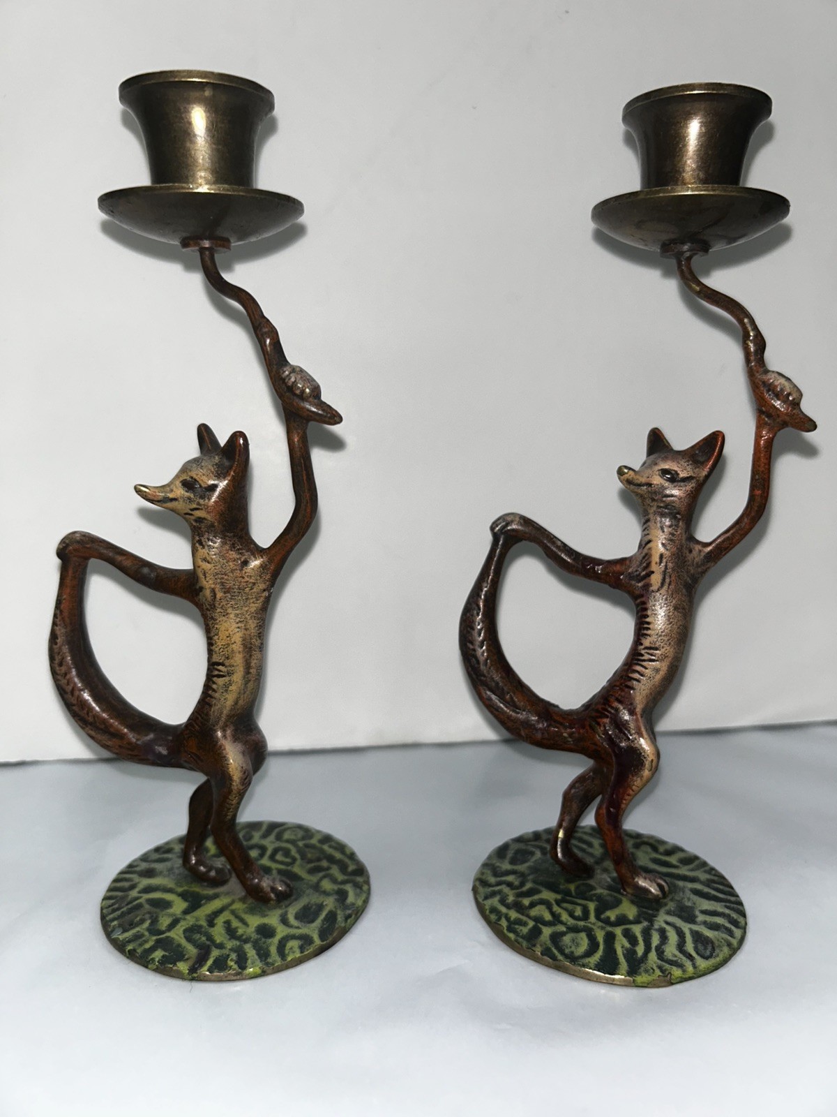 Vintage Petites Choses Dancing Fox Brass Candlesticks Set Of 2