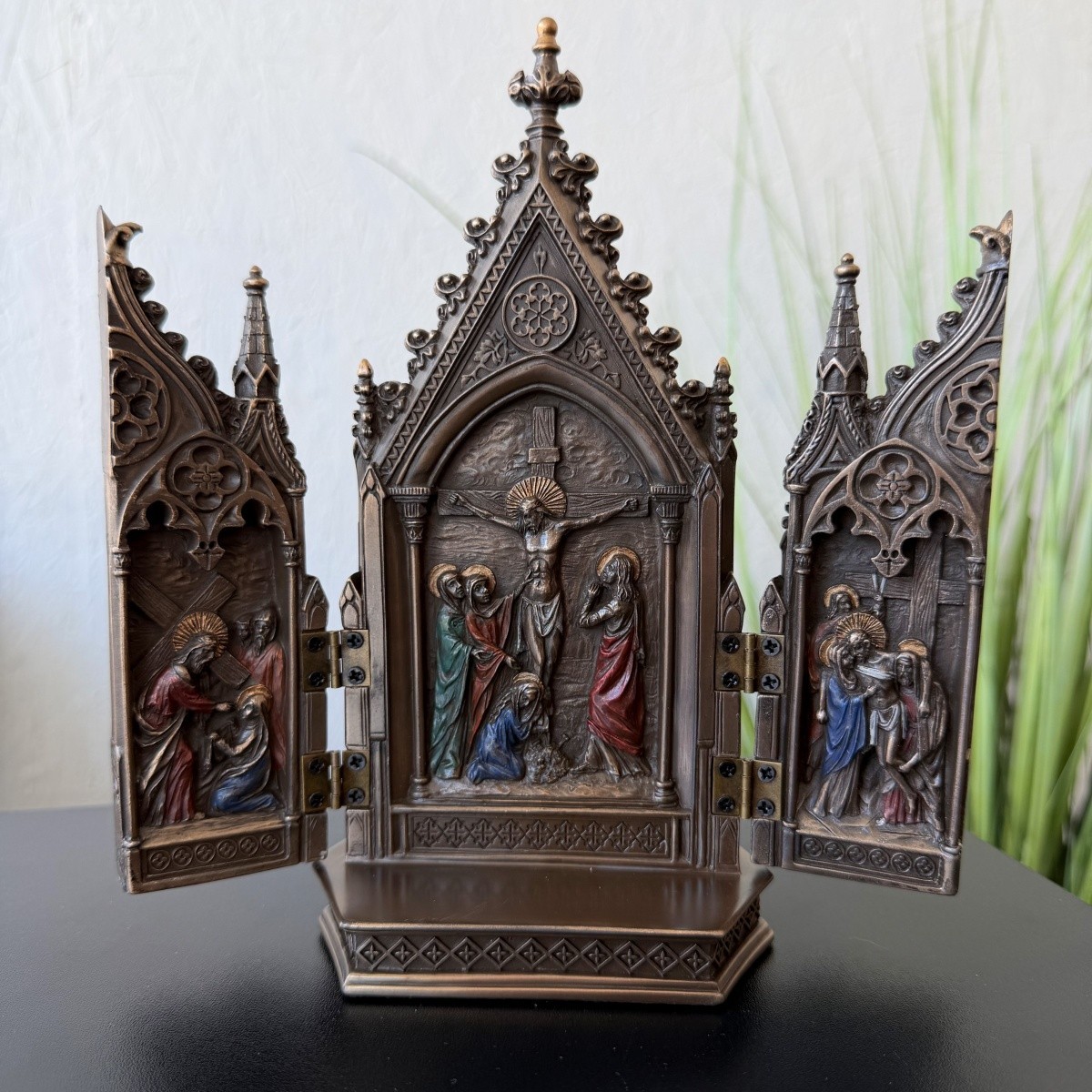 Veronese Crucifixion Triptych Icon Bronze Finish Religious Statue Decor Gift