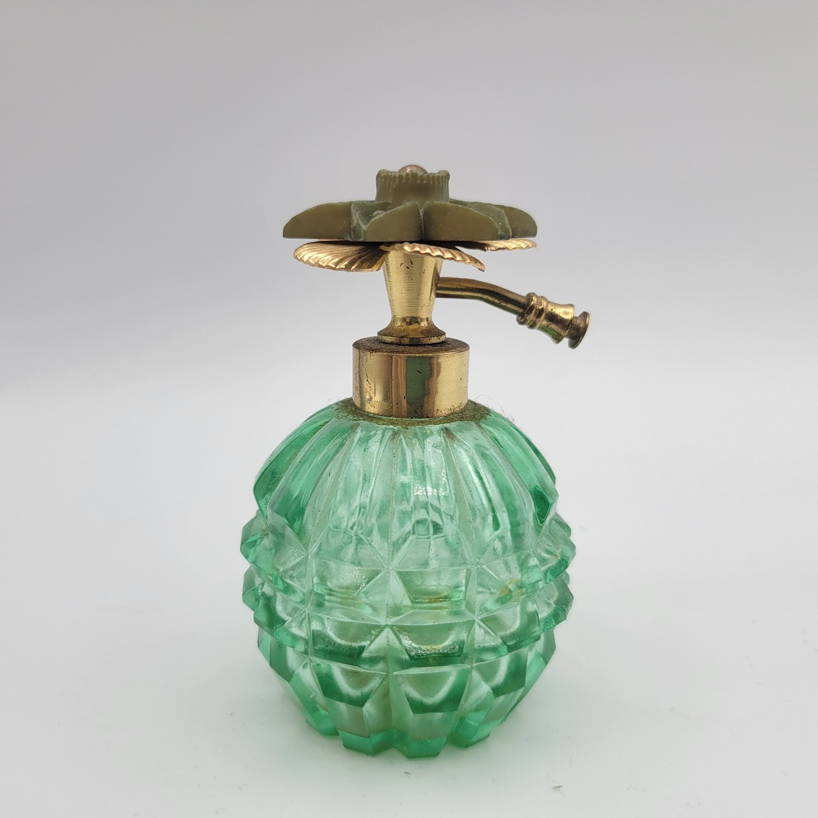 Vintage Green Glass Perfrume Bottle Flower Top