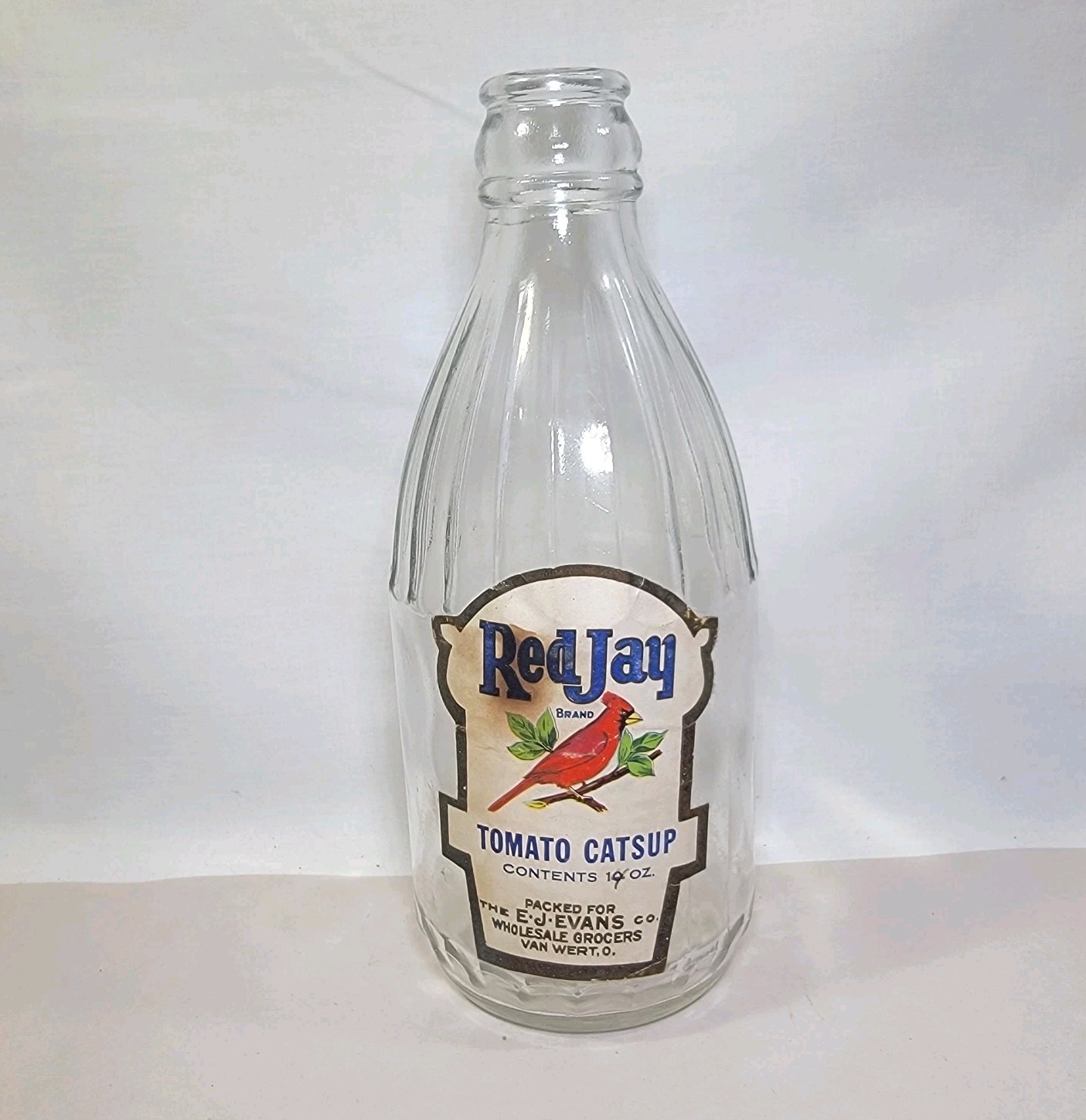 Vintage Mid Cent. E-Jay Red Jay E. J. Evans Van Wert Ohio Catsup Bottle w/ Label Vintage Mid Cent. E-Jay Red Jay E. J. Evans Van Wert Ohio Catsup Bottle w/ Label