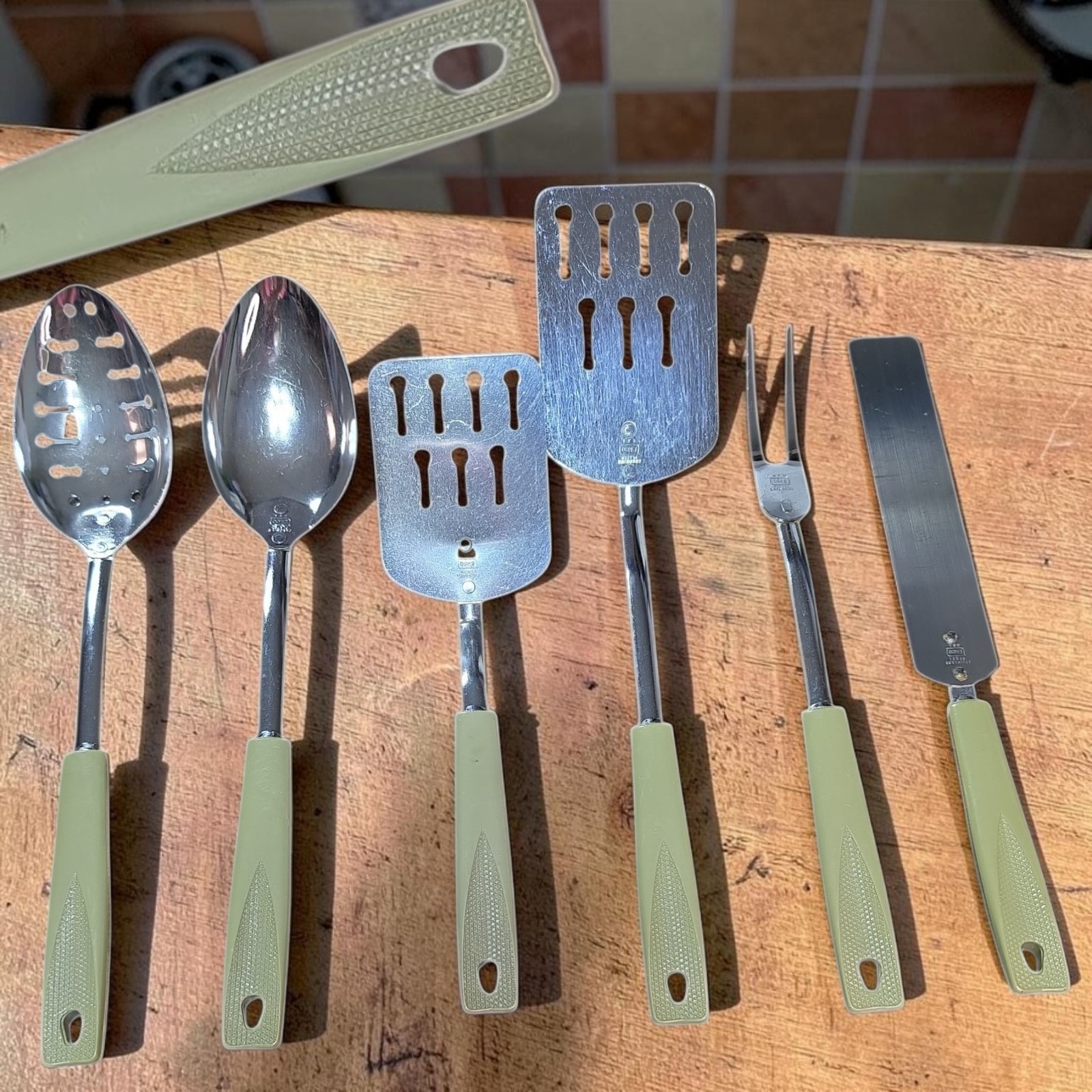 Vintage EKCO Avocado Green Kitchen Utensils Set 6 Pc Spatula Spoon Fork MCM USA