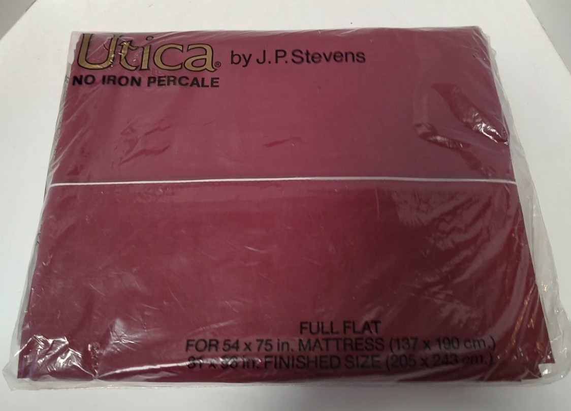 Utica No Iron Percale Burgundy Red White Trim Full Flat Sheet 54