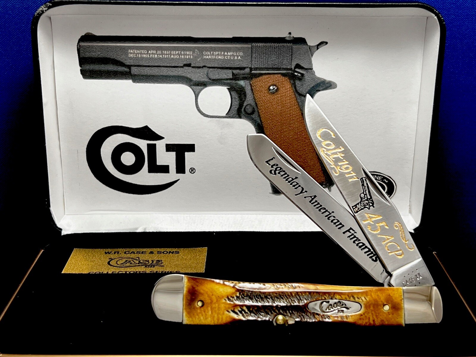 CASE XX Colt .45 Mod. 1911 Golden BONESTAG Trapper Knife Deep Gold Etching NEW