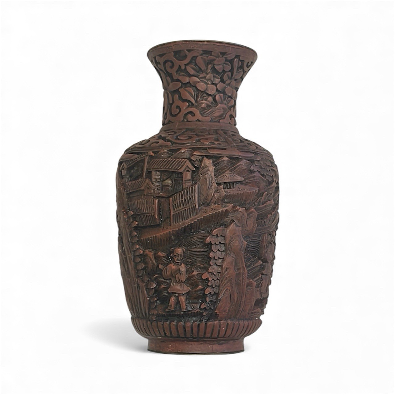 Antique Chinese Carved Cinnabar Lacquer on Brass 6.5\