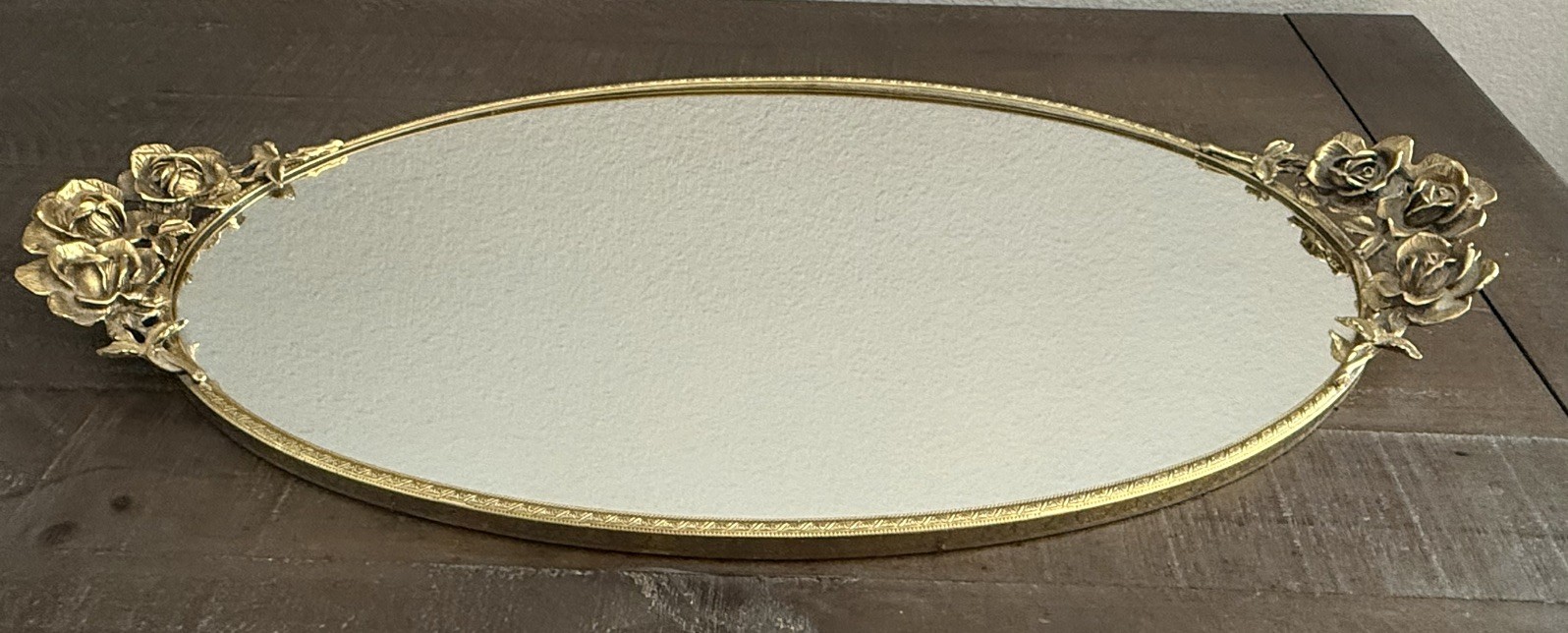 Vintage Gold Gilt Rose Floral Oval Mirrored Vanity Tray Hollywood Regency 21” Vintage Gold Gilt Rose Floral Oval Mirrored Vanity Tray Hollywood Regency 21”