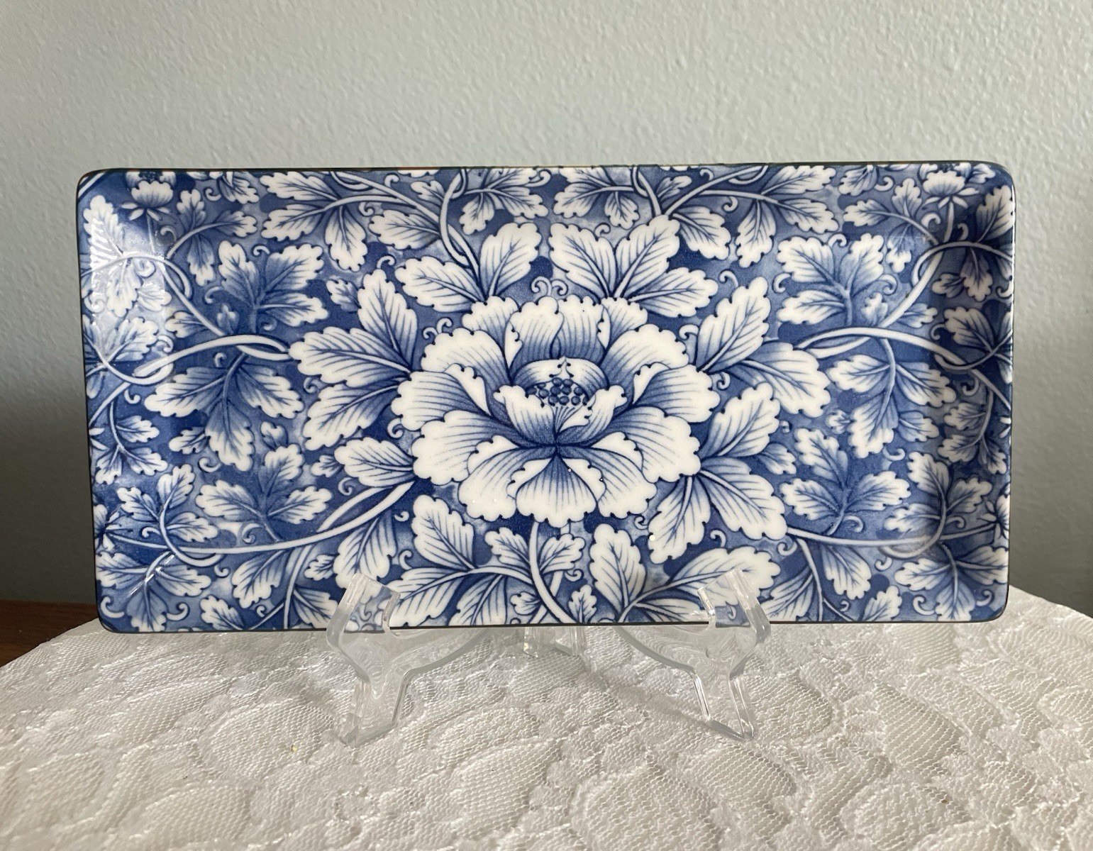 VTG Japanese Mino Ware Sushi Plate Blue White Floral Peony Platter Chikugo Kiln