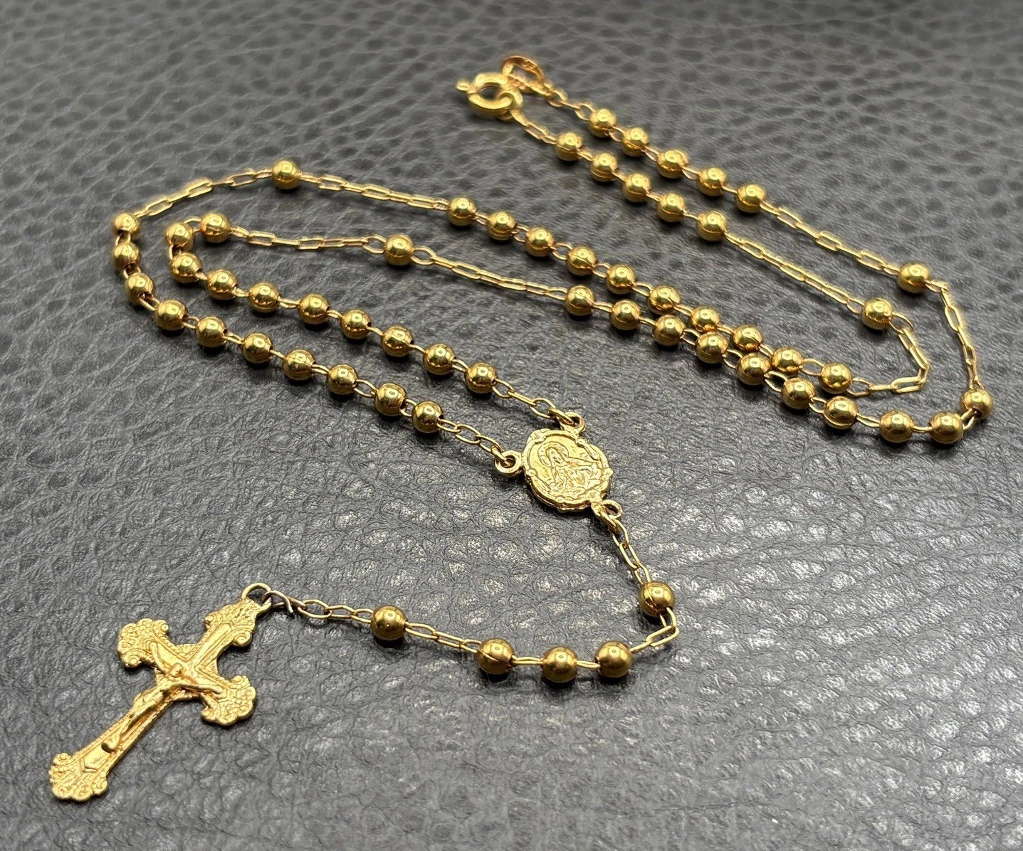 Vintage 10K Gold Filled Dainty Rosary Necklace Crucifix Cross And Medal 18”
