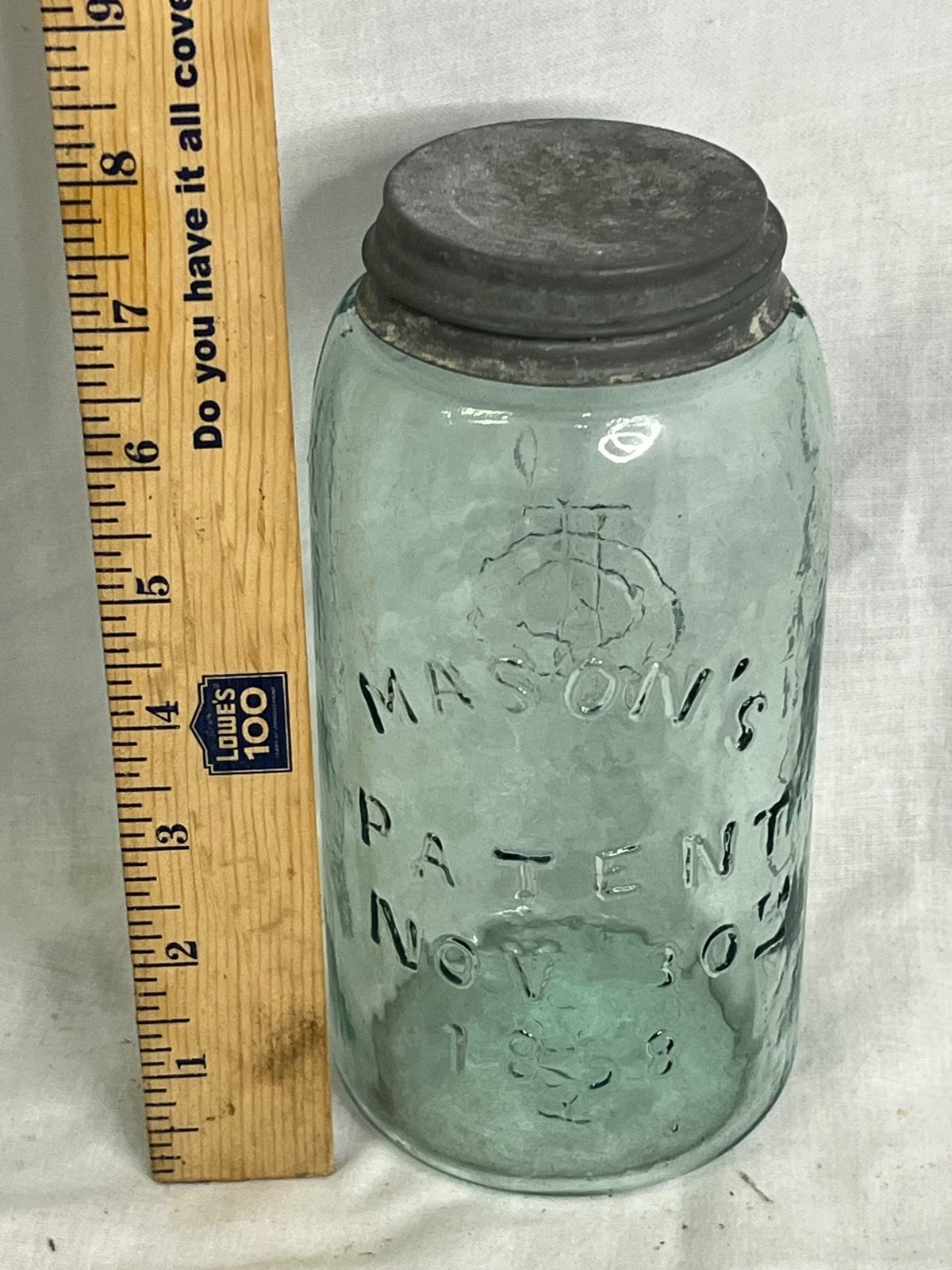Antique Aqua Hero Cross Mason's Patent Nov 30 1858 Quart Jar HFJCo Monogram Grou