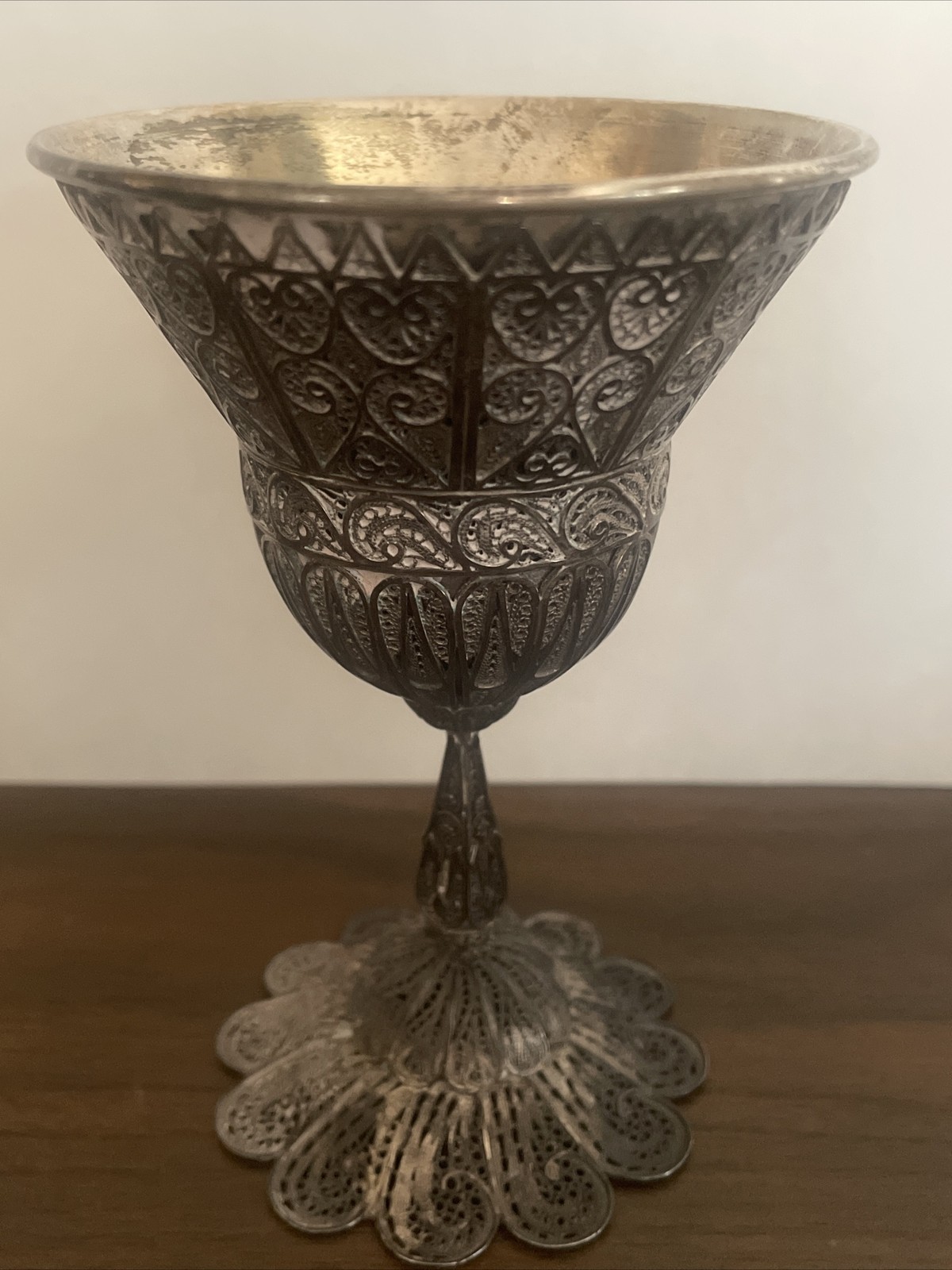 Vintage Jerusalem Filigree .925 Sterling Silver Kiddush Cup Goblet Chalice 150g