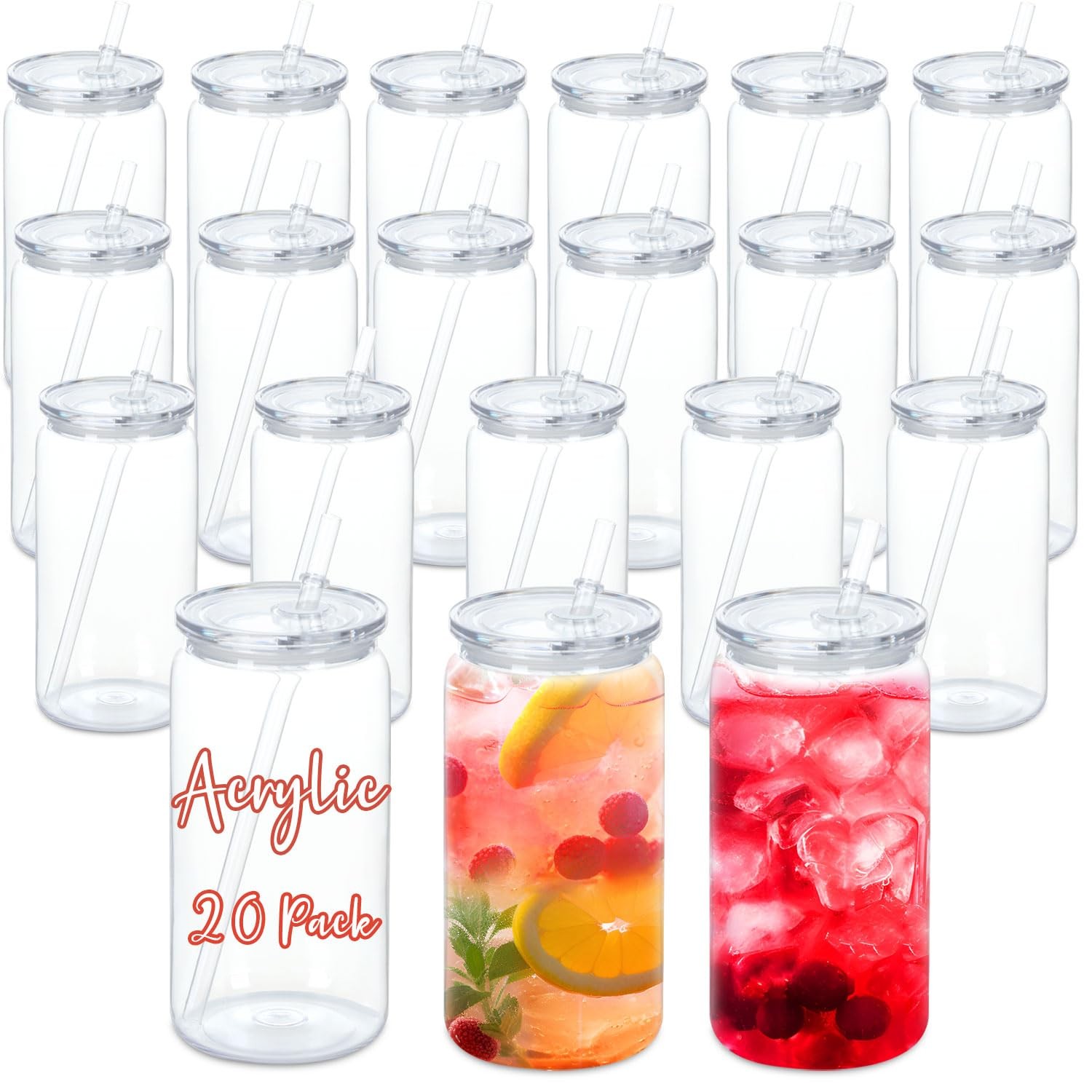 Maucircol 16oz Acrylic Can Tumbler 20 PK Clear Plastic Beer Can Mason Jar Cups