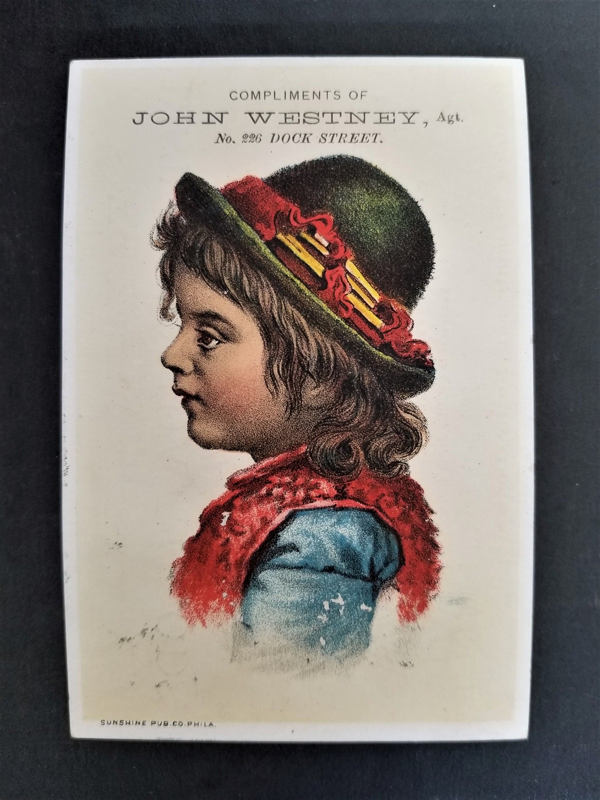 1880 antique JOHN WESTNEY victorian ad trade card BABY CARRIAGES SLEDS phila pa