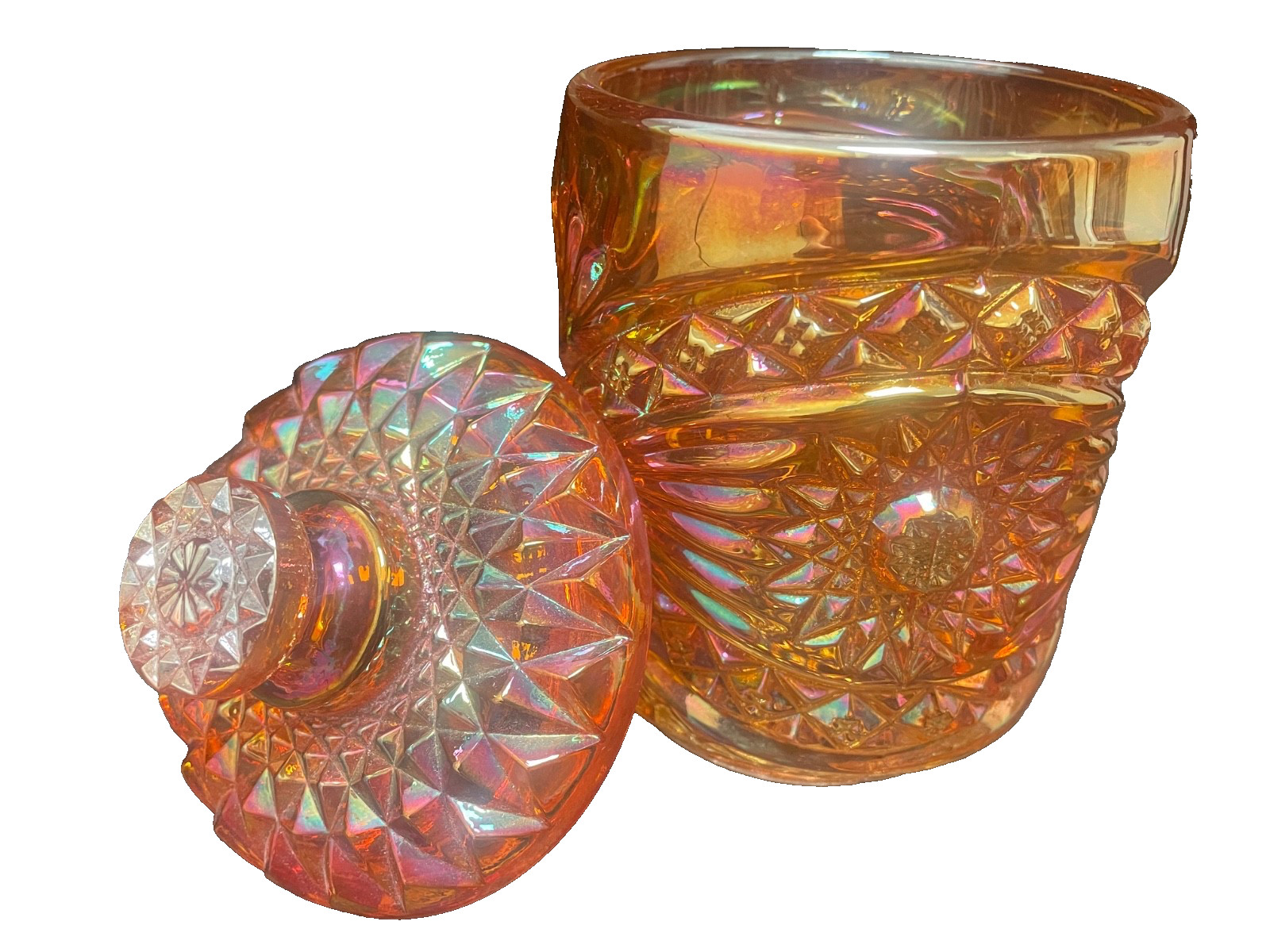 Vintage antique Imperial Hobstar 1912 orange carnival glass dish jar marigold