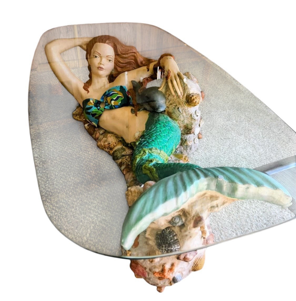 Vintage Mermaid Glass Top Coffee Table Sculpture Nautical Ocean Decor