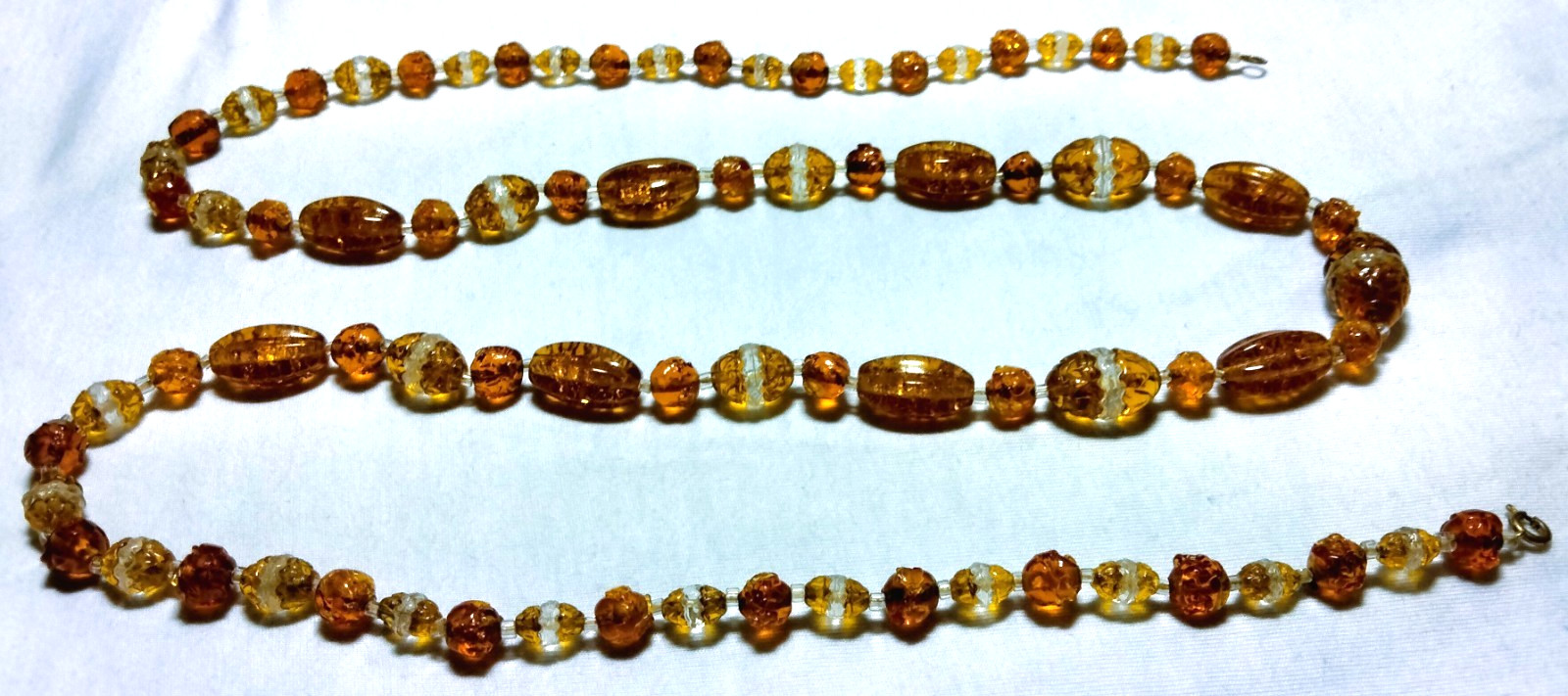Antique Czech Art Deco Era Amber Crackle Glass Beads Beaded Necklace