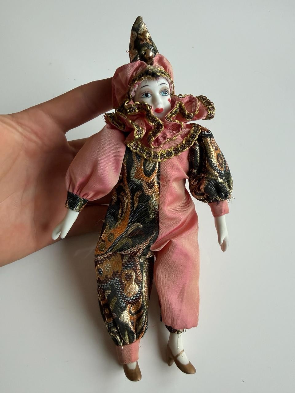Vintage Porcelain Jester Clown Doll Pink Black Gold Harlequin Collectible 