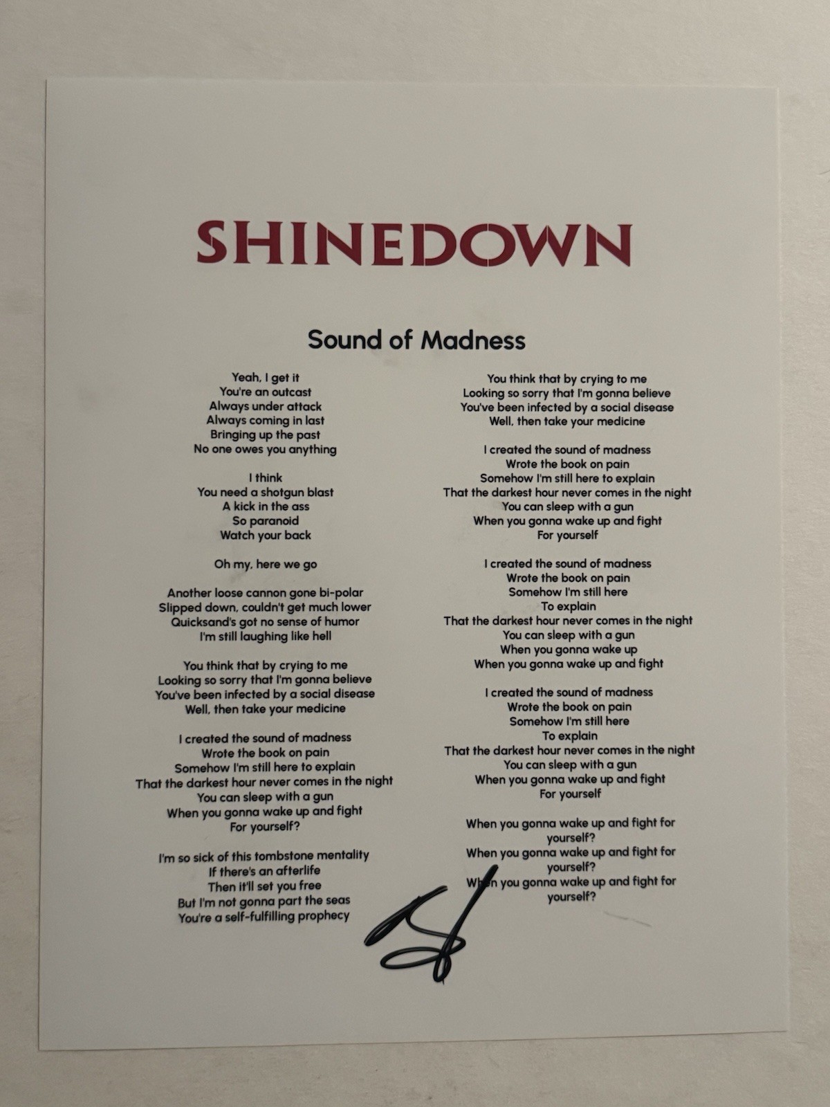 BRENT SMITH SIGNED LYRIC SHEET AUTOGRAPHED SHINEDOWN BAND LEAD SINGER COA