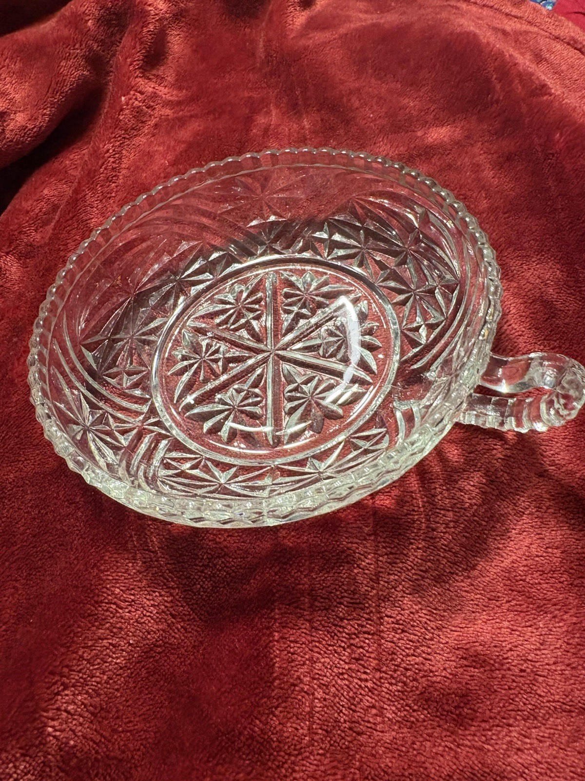 Anchor Hocking Stars/Bars Nappy Lemon Clear Glass/Handle Candy Dish/Bowl/Trinket