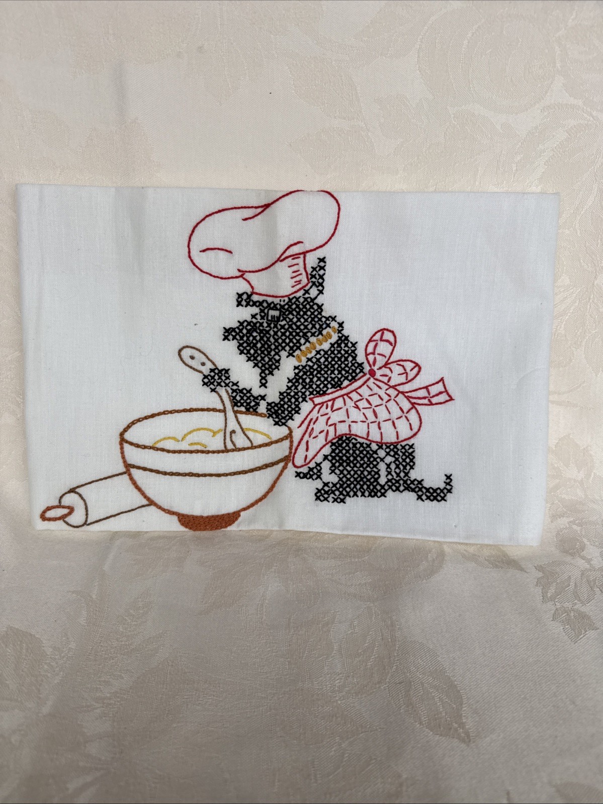 Vtg Hand Embroidered Cross Stitch Tea Towel Hand Stitch Scottish Terrier Decor