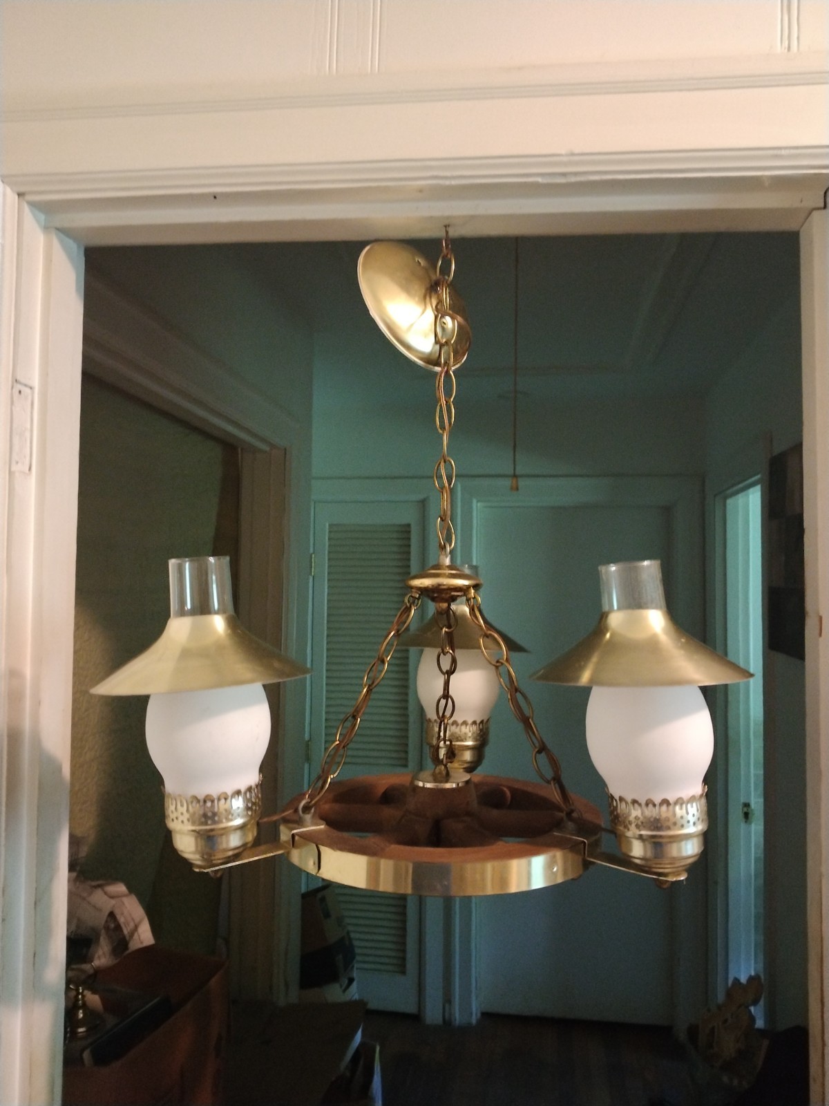 Vintage Wooden Wagon Wheel And Brass Three Light Chandelier With Frosted Shades Vintage Wooden Wagon Wheel And Brass Three Light Chandelier With Frosted Shades