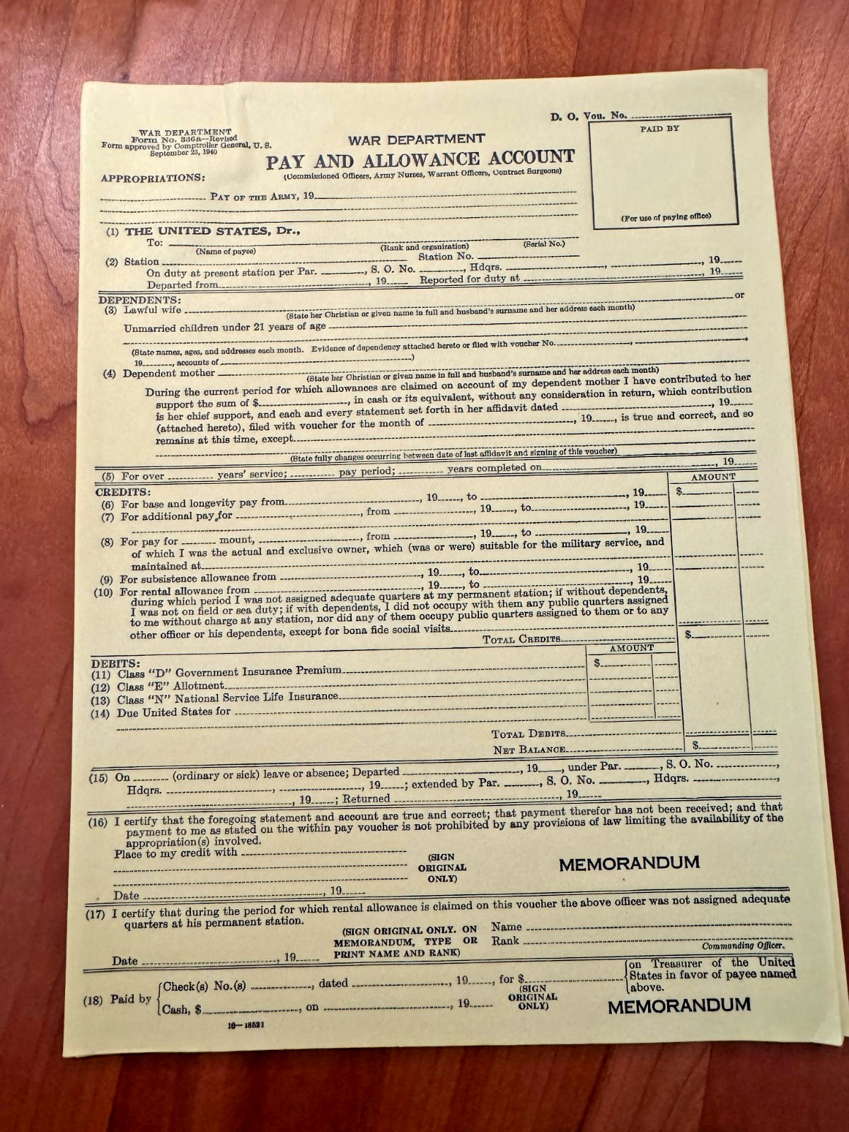 FREE SHIP 1940 WWII War Department Pay and Allowance Account Form B