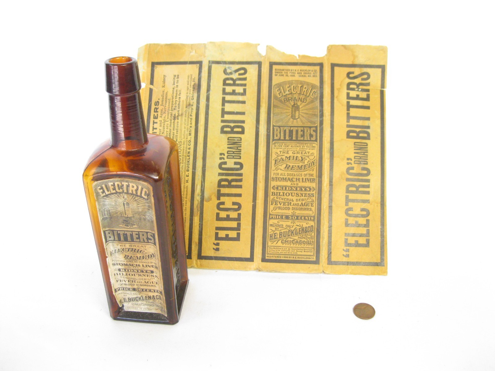 Labeled H.E. Bucklen & Co. Chicago Electric Bitters Remedy 16oz Bottle with Box