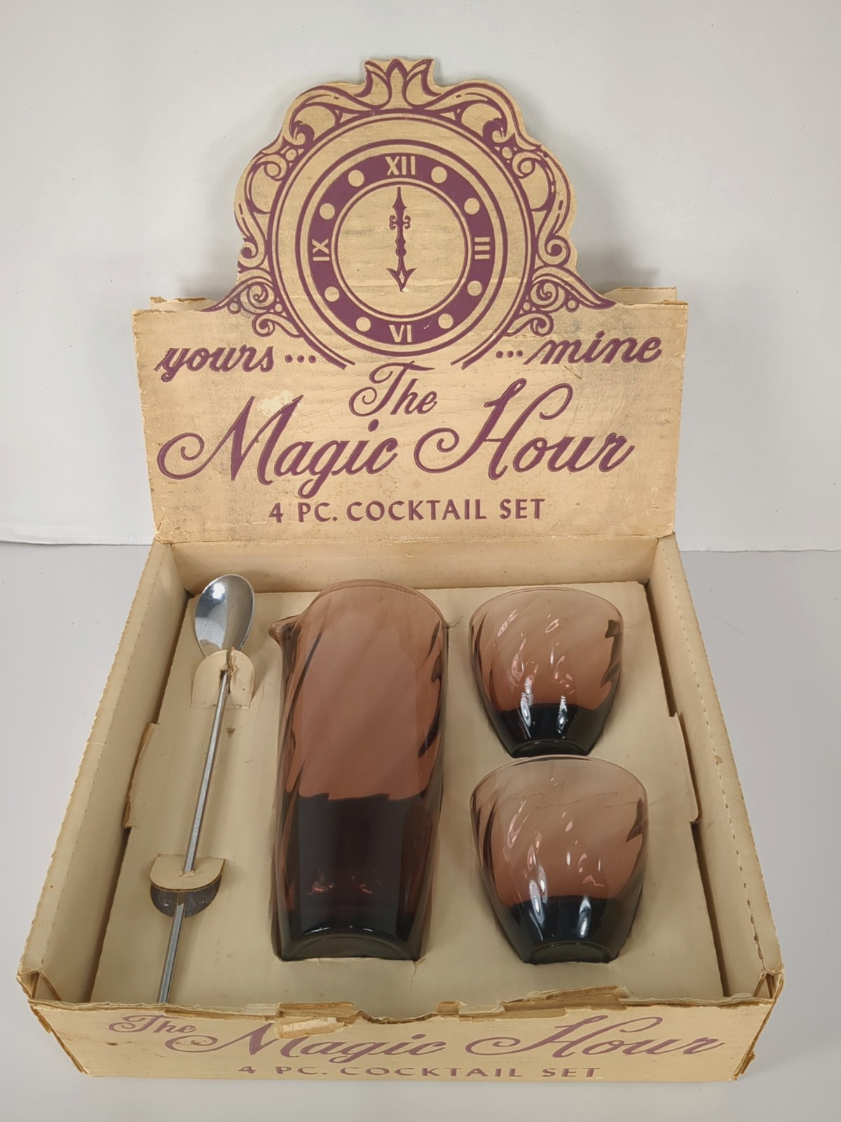 Vintage Hazel Atlas Moroccan Amethyst Glass Magic Hour 4 pc. Cocktail Set w Box