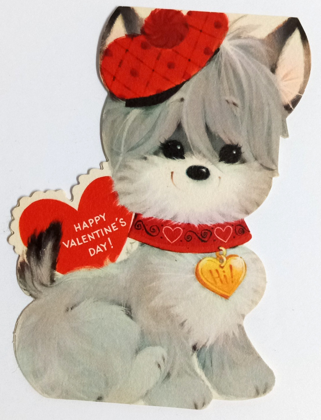 Vintage Unused Hallmark Valentines Day Puppy Dog Beret c1960s Greeting Card 5\