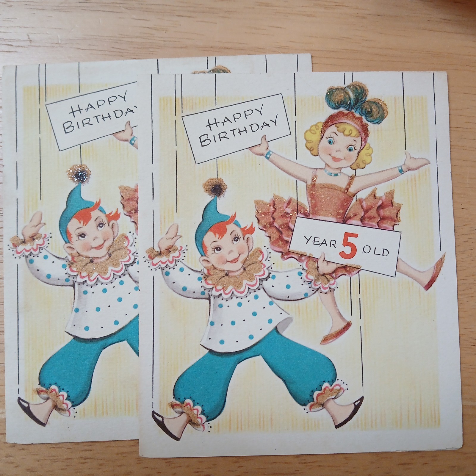 Two Vintage Birthday Cards For a 5 Yr Old Glitter Clown Ballet Ephemera Crafting