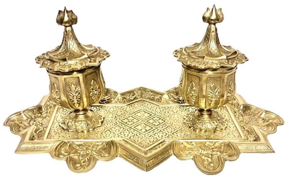 French Victorian Era Aesthetic Movement Solid Brass Double Inkwell with Inserts French Victorian Era Aesthetic Movement Solid Brass Double Inkwell with Inserts