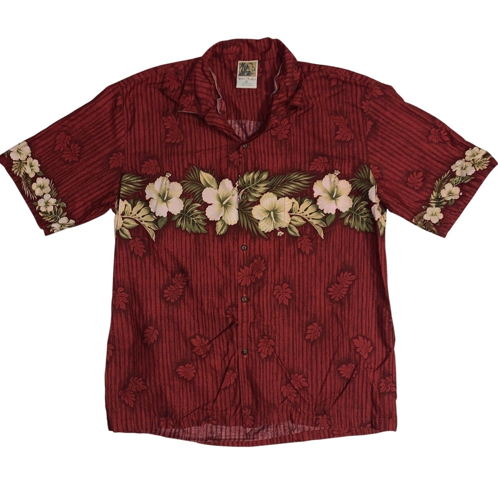 Winnie Fashion Men\'s XL Red Stripe Hibiscus Hawaiian Shirt Cotton Summer Hawaii