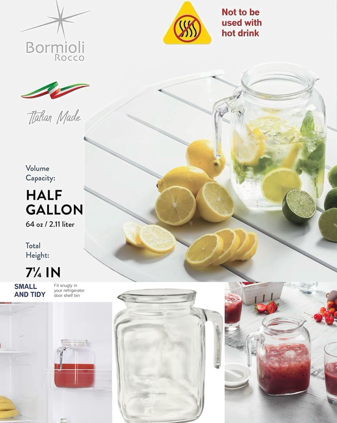 SLIM GLASS FRIDGE DOOR Pitcher 64 oz Half Gallon Space Saving Water Juice Carafe