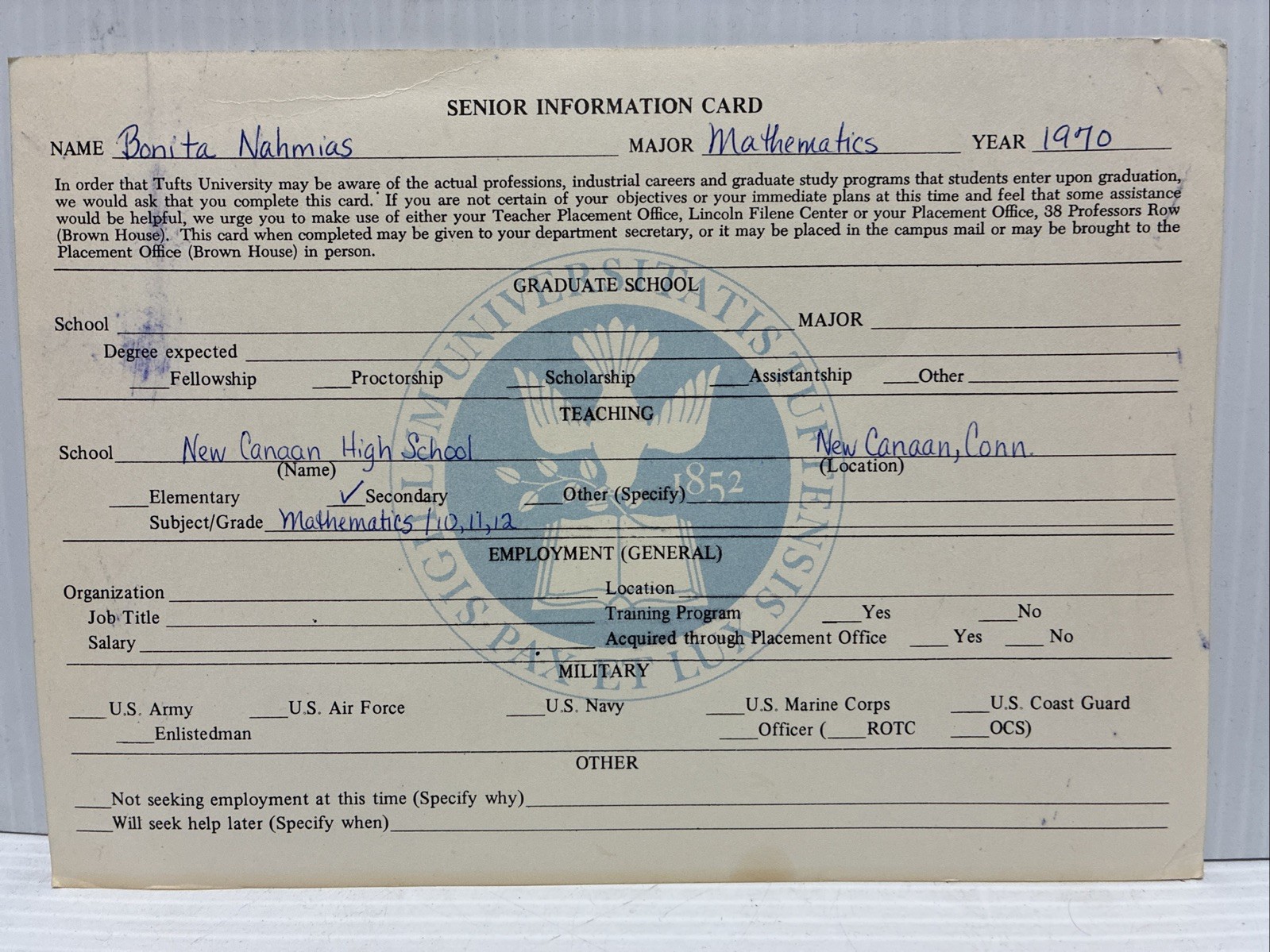 New Canaan High School Senior Information Card 1970 New Canaan, Connecticut -VTG