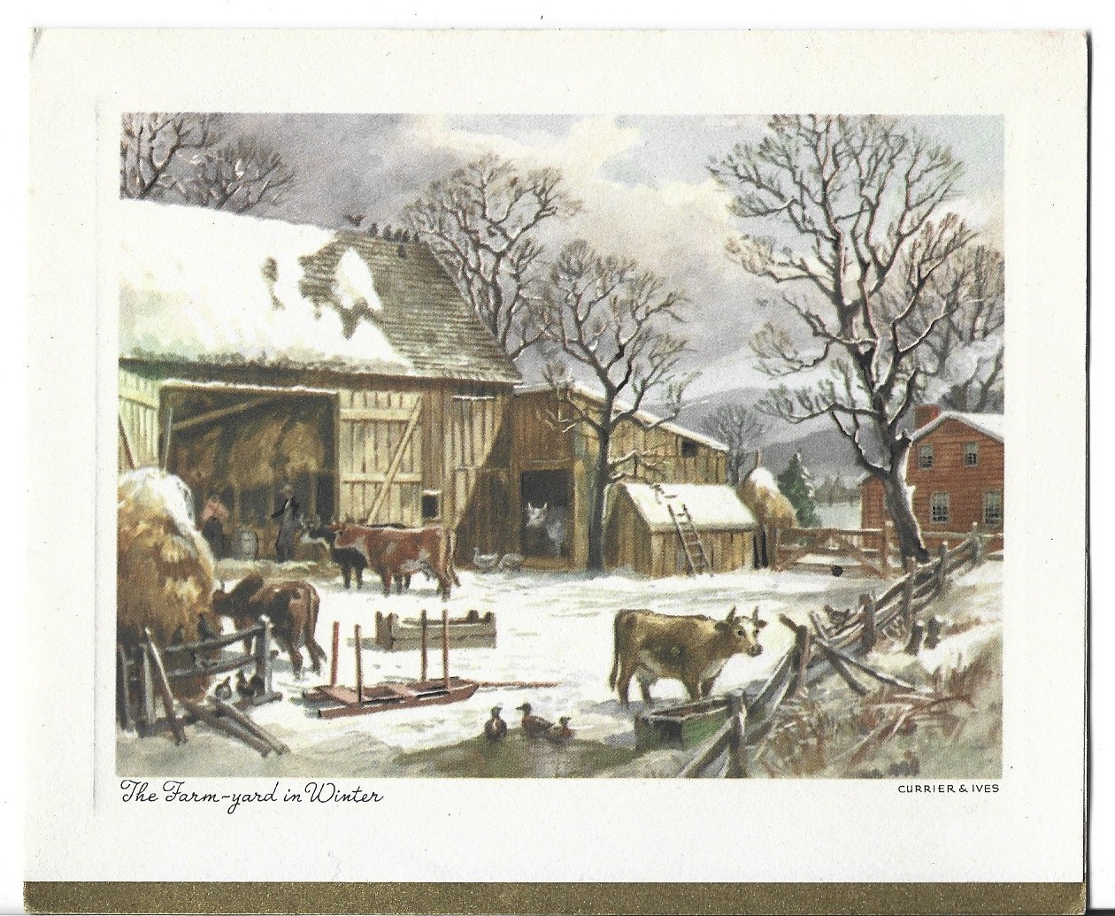 VTG CHRISTMAS CARD 6X5 CURRIER & IVES THE FARM-YARD IN WINTER BARN COWS FENCE