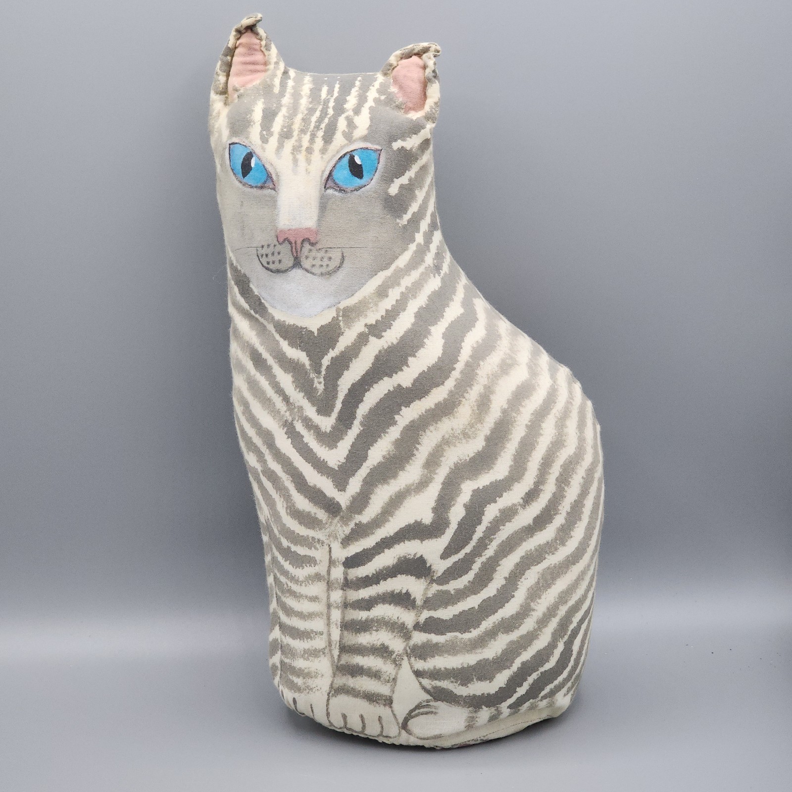 Cat Folk Art Primative Hand Painted fabric Grey Striped Tabby Kitty 