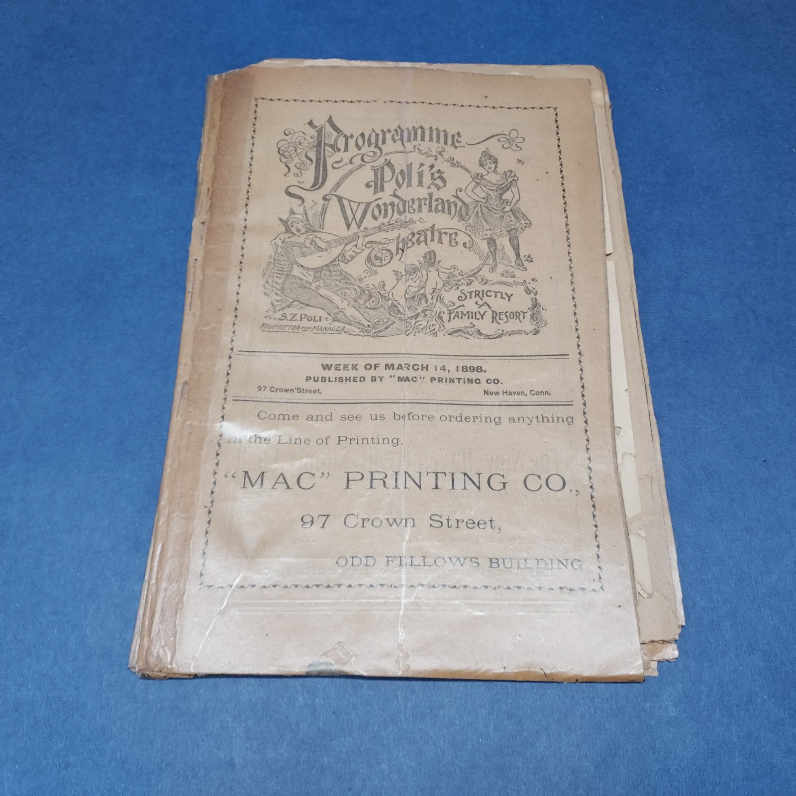 Vintage 1898 Polis Theater Program MAC Printing Crown St New Haven Connecticut 